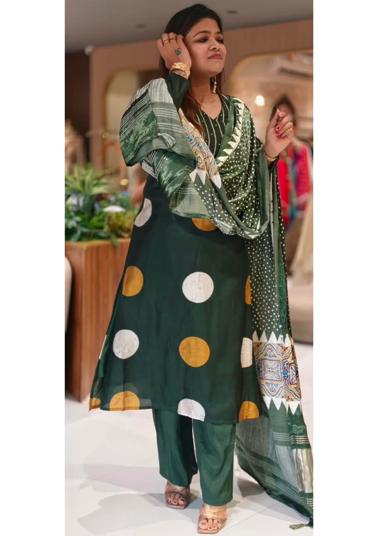 Dark Green Russian Silk Full Suit Set With Polka Dot Kurta, Plain Bottom & Gajji Silk Dupatta- 16598