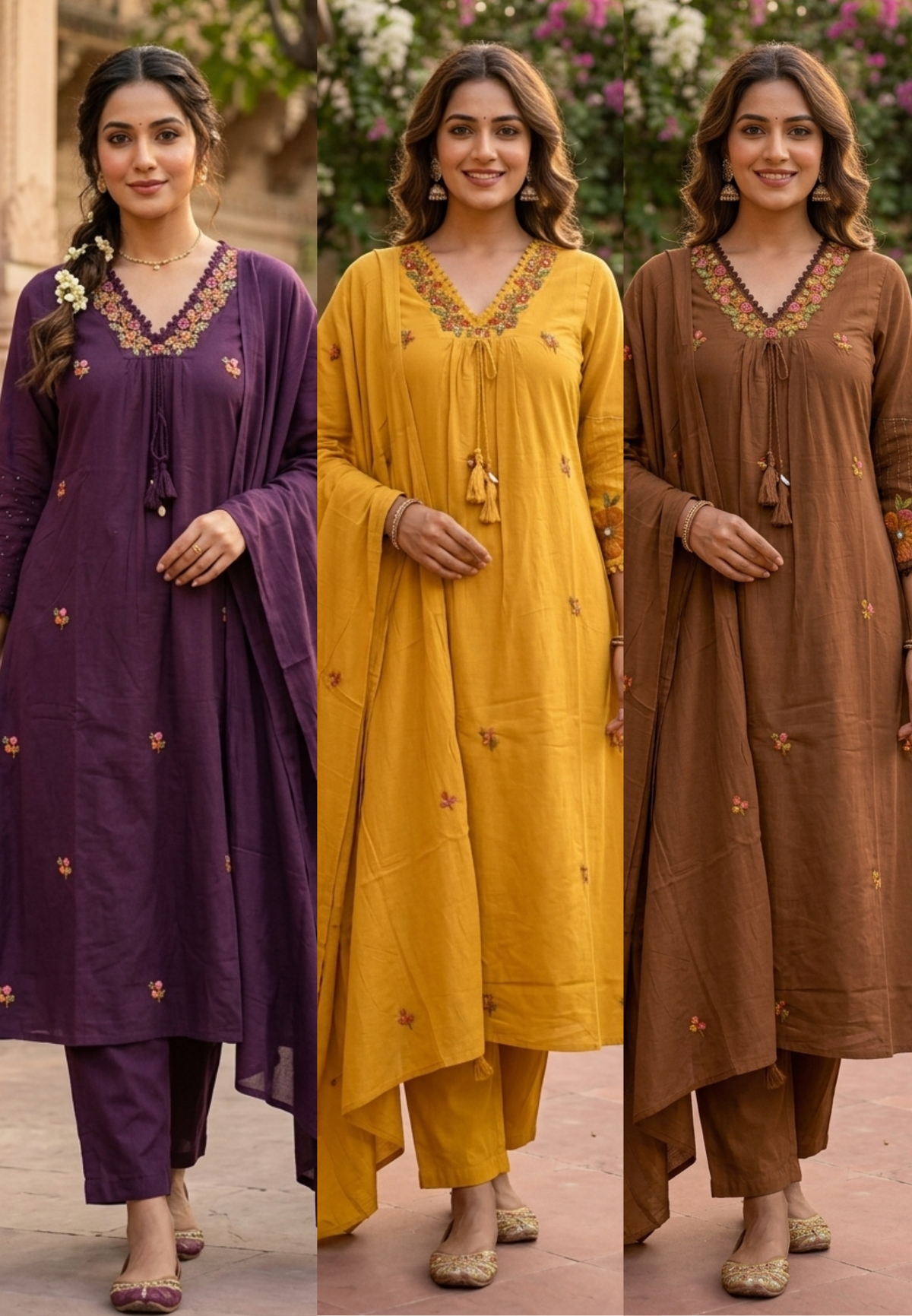 Silly Cotton Intricate Embroidery Over Neckline & Sleeves A-Line Cotton Full Suit Set With Dupatta- -16675