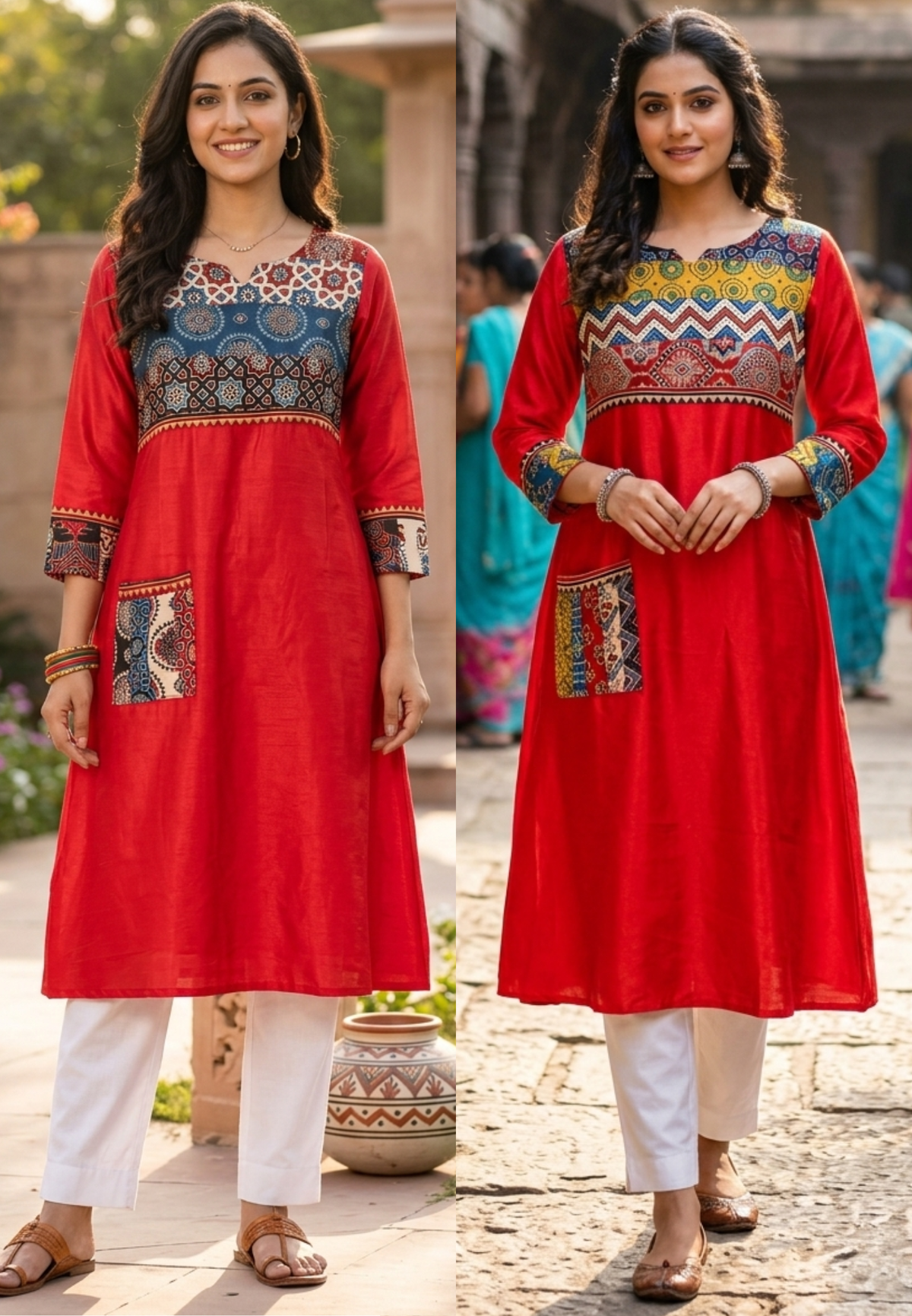 Shiny Gajji Silk Ajrak Patch Work With Pocket Aline Frock Type Kurti Only-16657