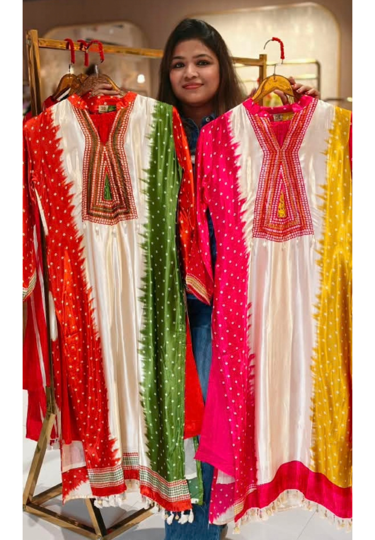 Premium Bandhani Printed Kurta Pant Set with Intricate Geometric Embroidered Yoke,Traditional Ethnic Detailing-16684