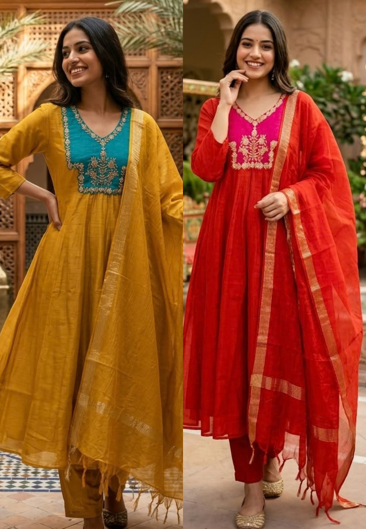 Twin Shade Contrast Yoke Embroidered Surat Mul-Chanderi Panel Anarkali Full Suit Set With Dupatta- 16709