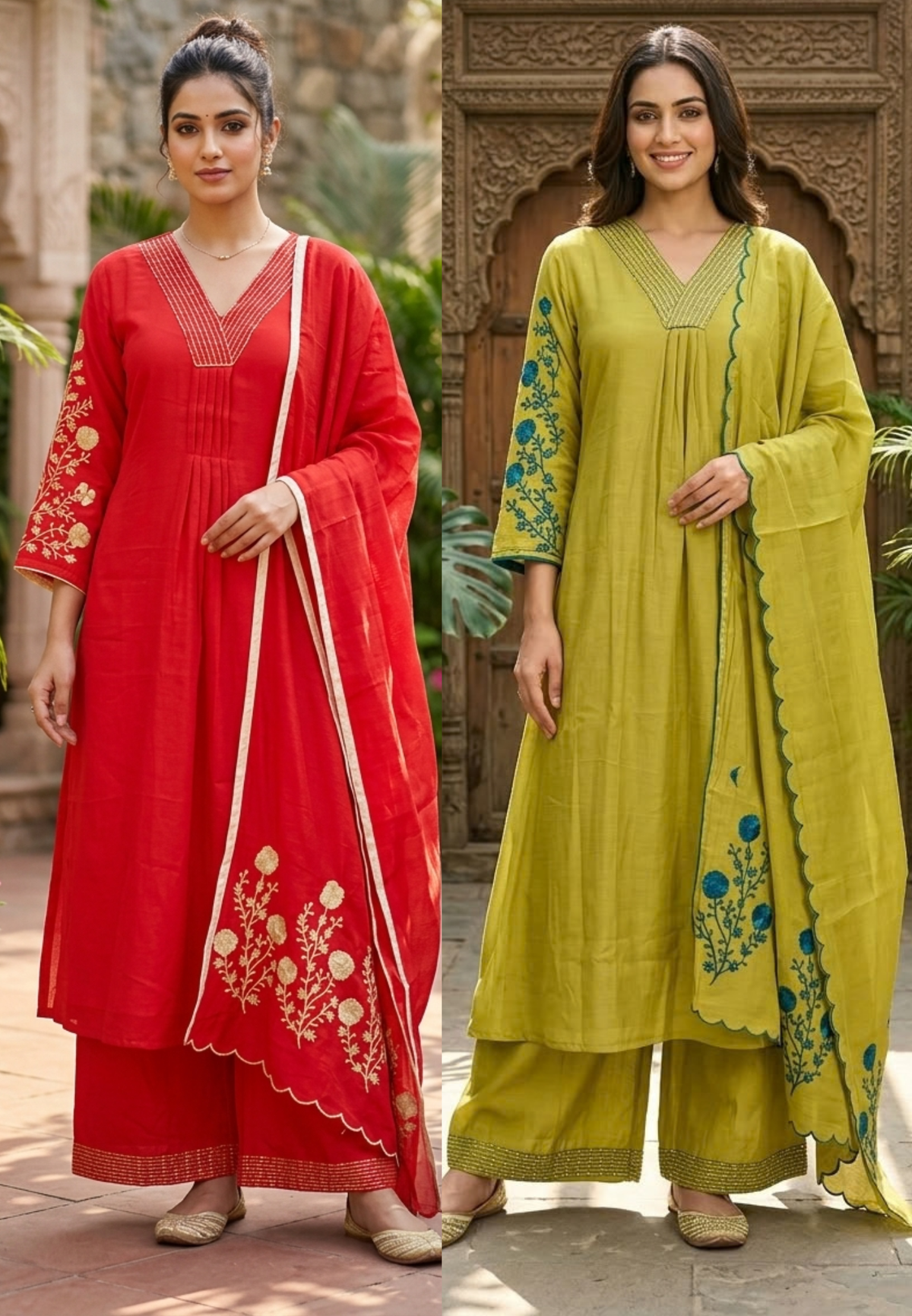 Thread Embroidered Sleeves V-Neck Green Red Shade Surat Mul-Chanderi Aline Full Suit Set- 16629 16630