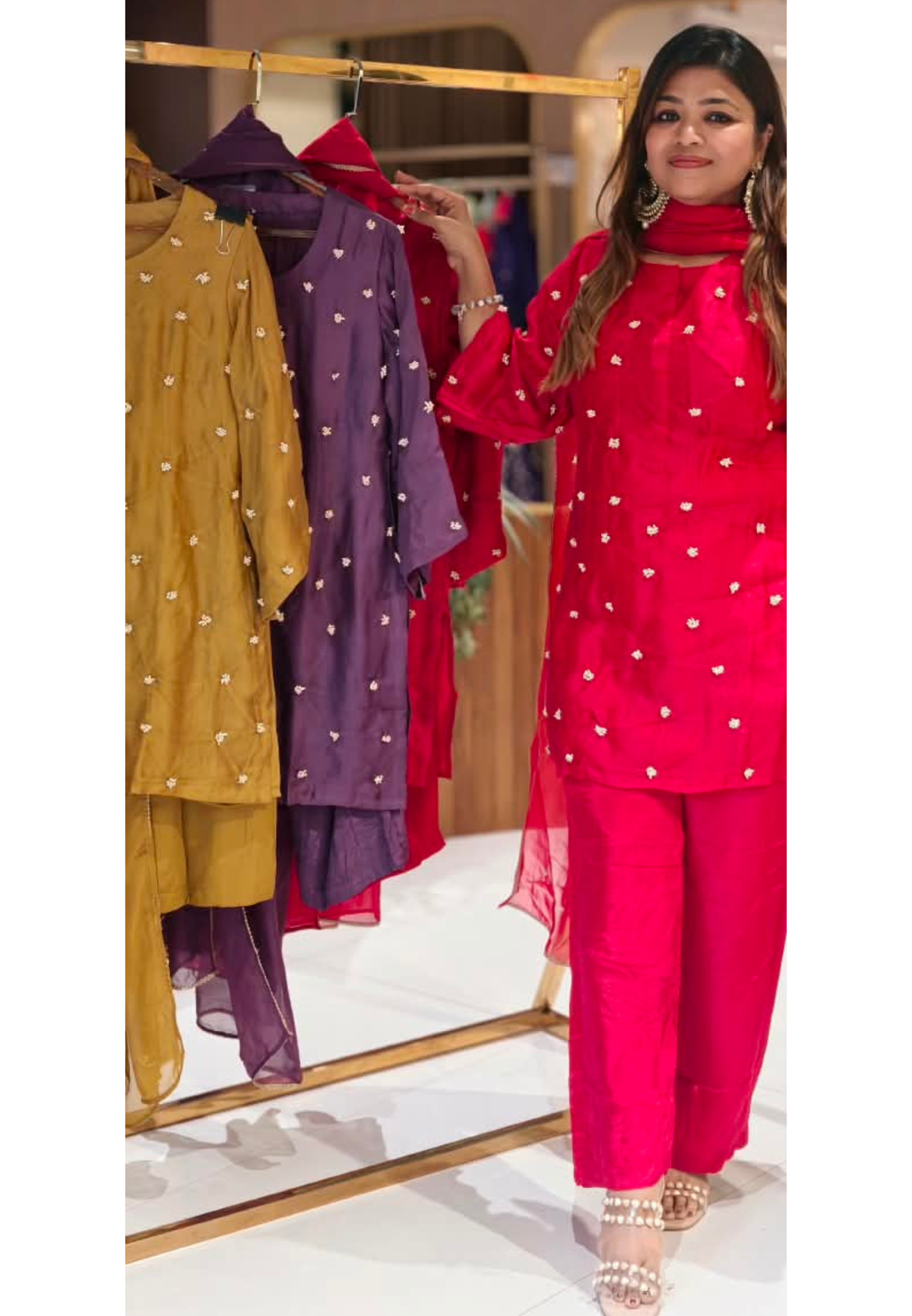 Designer Pure Organza Scattered Pearl Jewel Work Detailing Kurta with Bottom and Dupatta- 16728