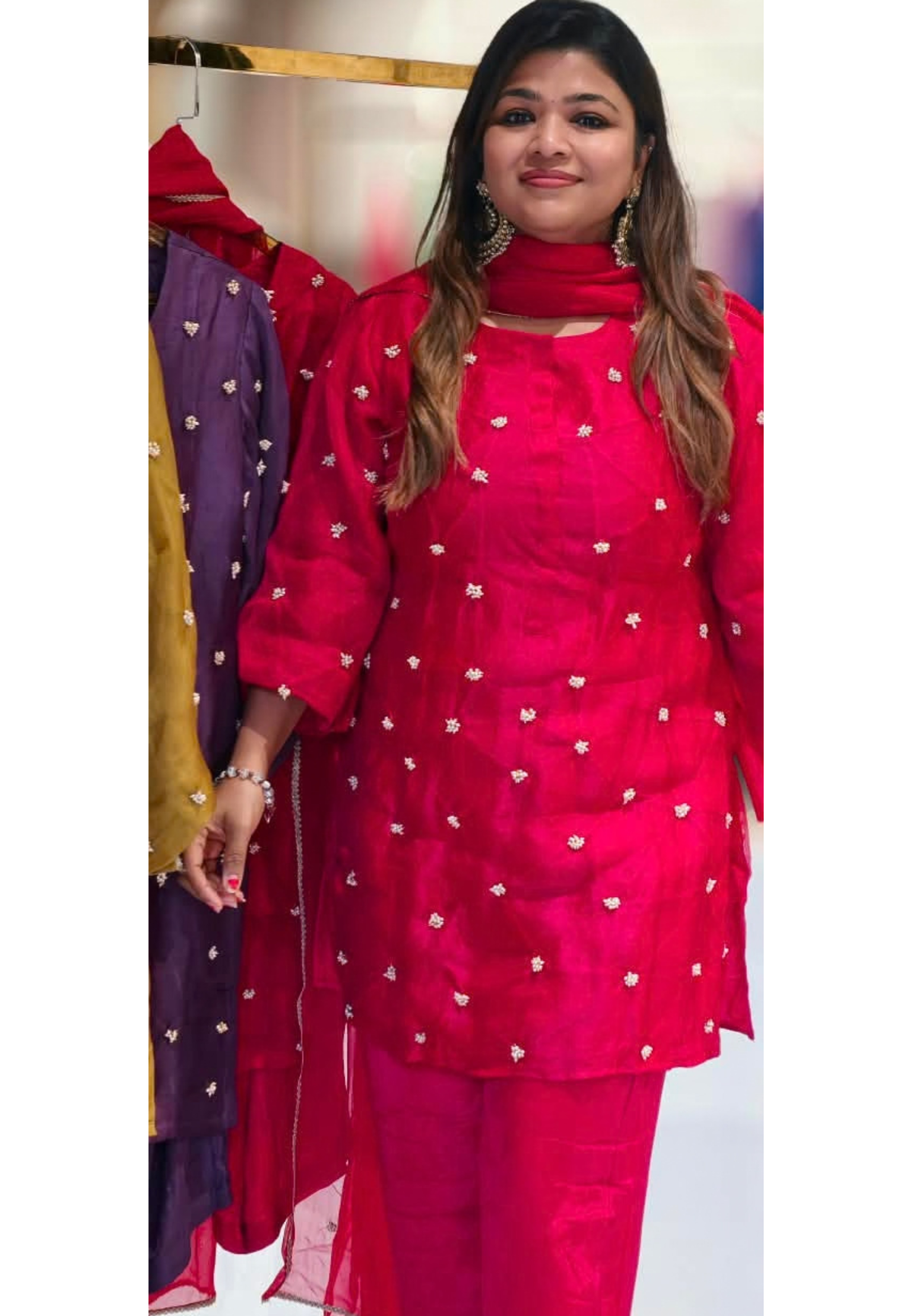 Designer Pure Organza Scattered Pearl Jewel Work Detailing Kurta with Bottom and Dupatta- 16728