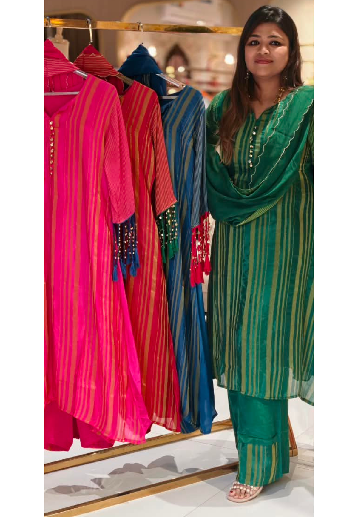 Elegant Ho Silk Striped Ethnic Full Suit Set with Metallic Gold Lines and Stylish Button Detailed with Latkans in Sleeves- 16718