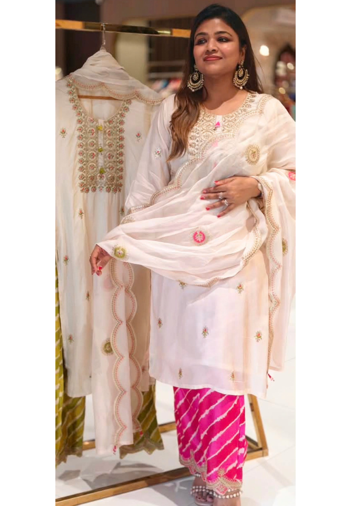 Russian Silk Vibrant Lehriya Bottom Embroidered Full Suit Set with Organza Dupatta- 16661