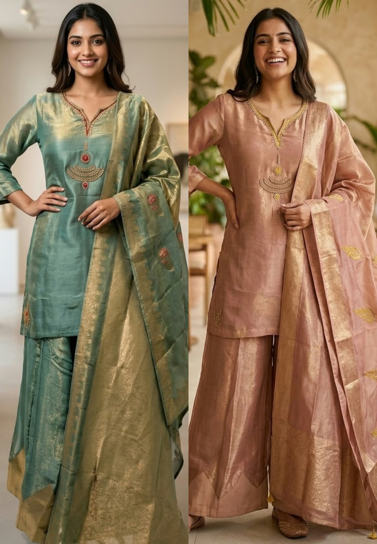 Pearl Kundan Neckline Shimmer Tissue Short Length Kurta With Matching Panel Palazzo Bottom & Dupatta- 16596