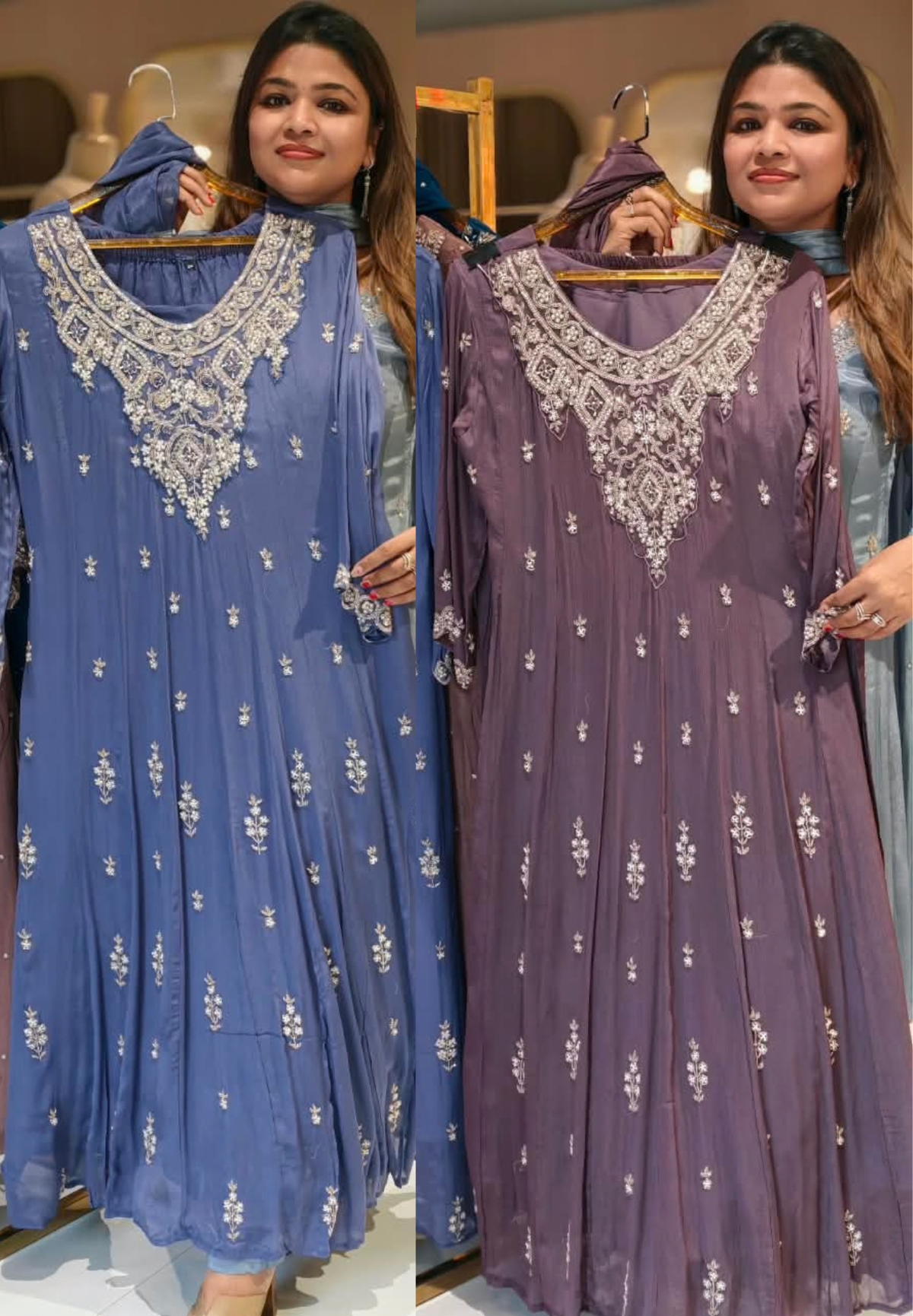 Heavy Pearl Embroidered Chinon Panel Anarkali Full Suit Set with Bottom And Dupatta- 16665