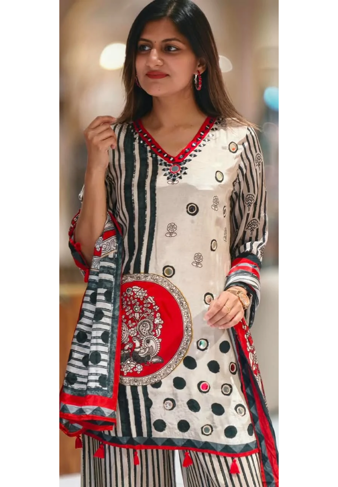 Pure Crepe Black White Inspired Tassel Accent Short Length Kurta Full Suit Set With Dupatta- 16900