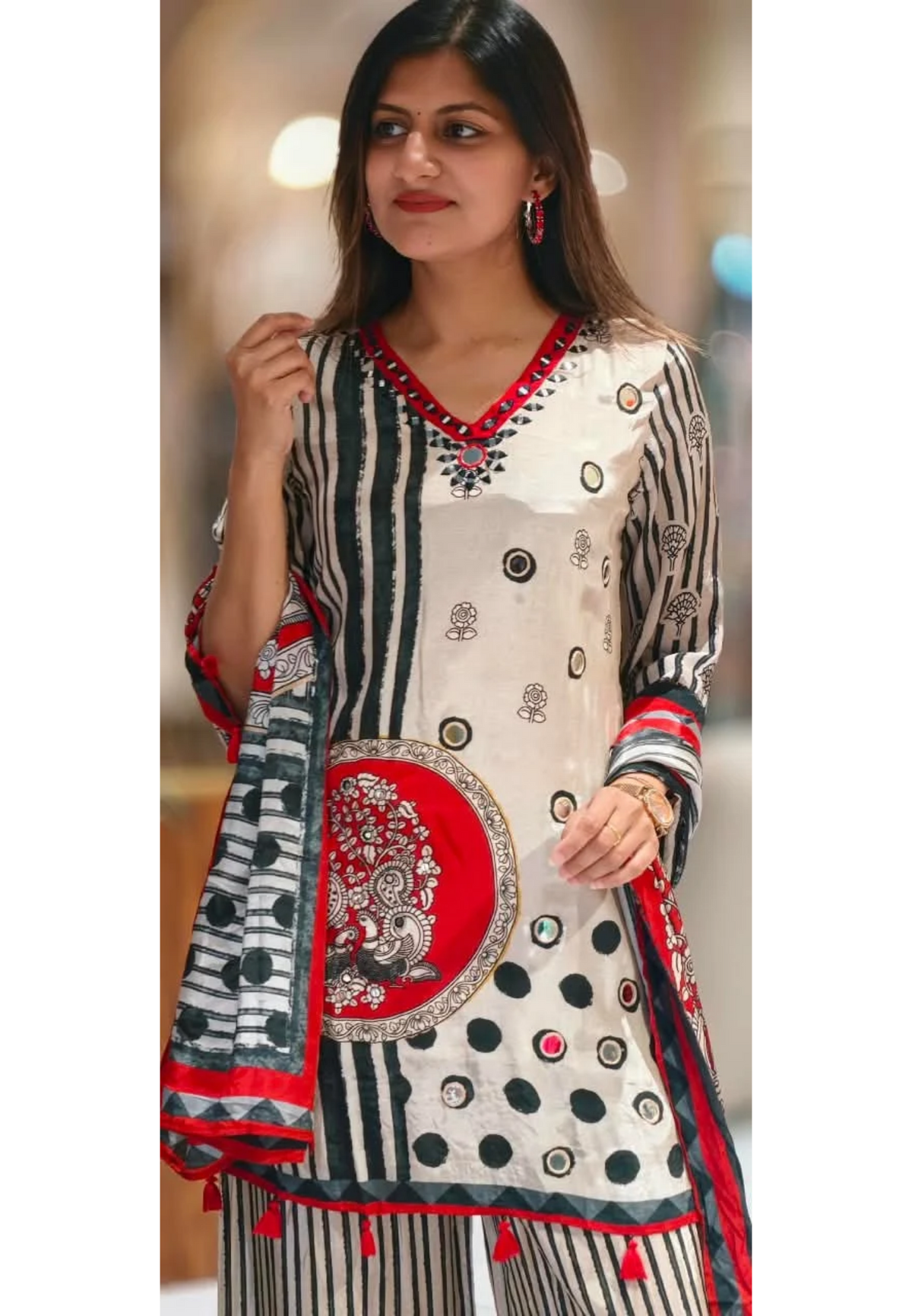 Pure Crepe Black White Inspired Tassel Accent Short Length Kurta Full Suit Set With Dupatta- 16900