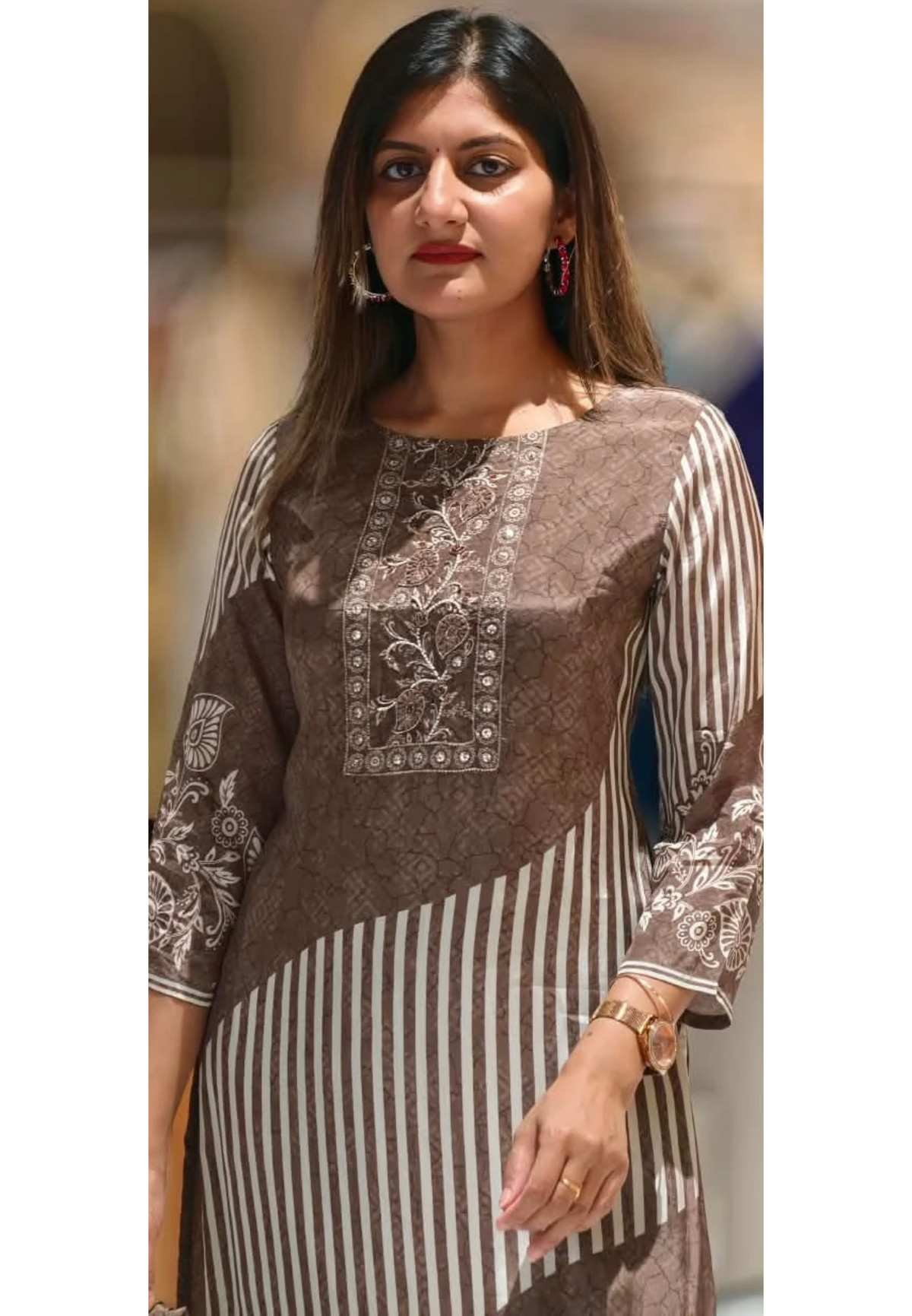 Brown Striped & Paisley Print Full Suit Set with Dupatta In Crepe Fabric-16536