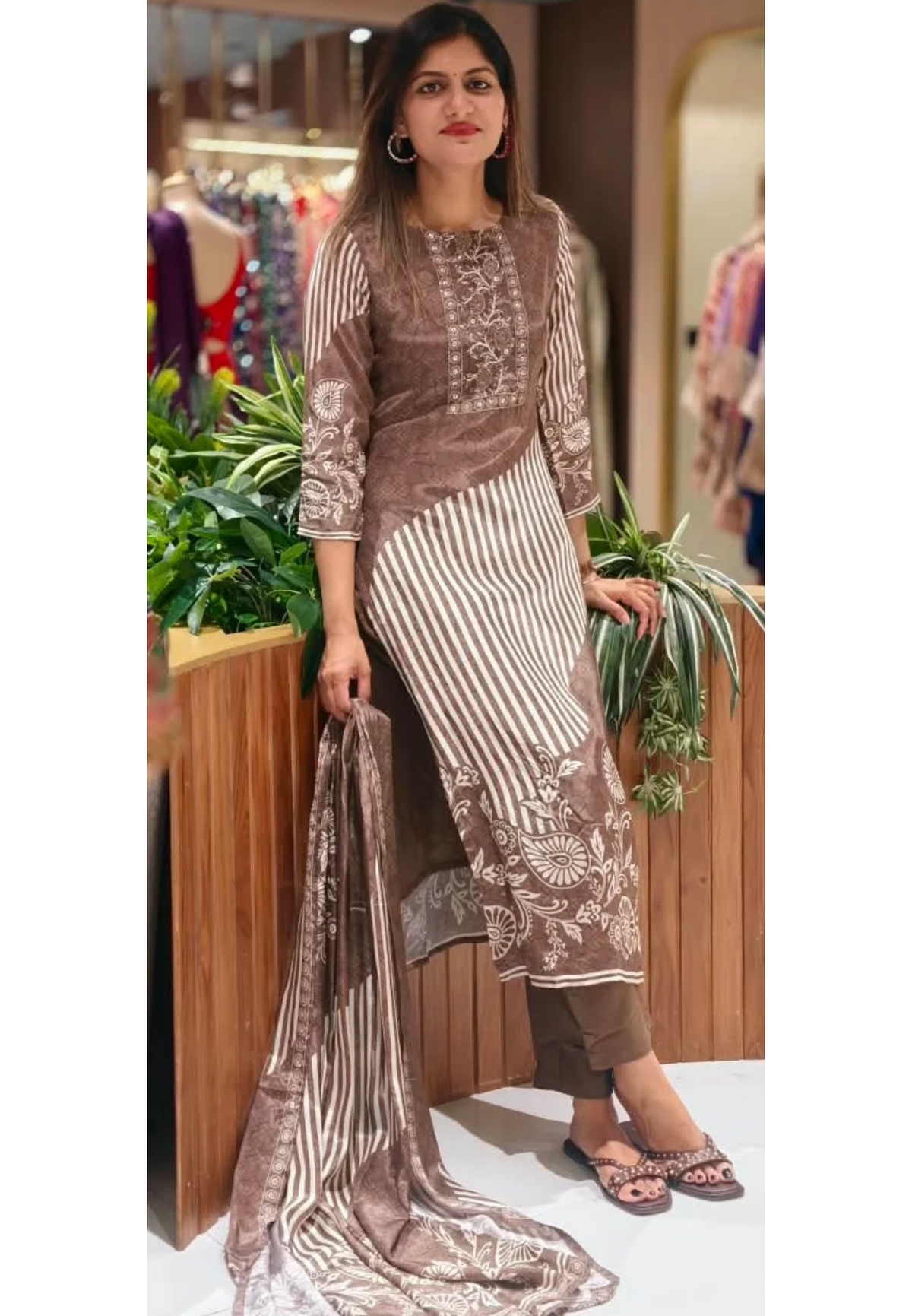 Brown Striped & Paisley Print Full Suit Set with Dupatta In Crepe Fabric-16536