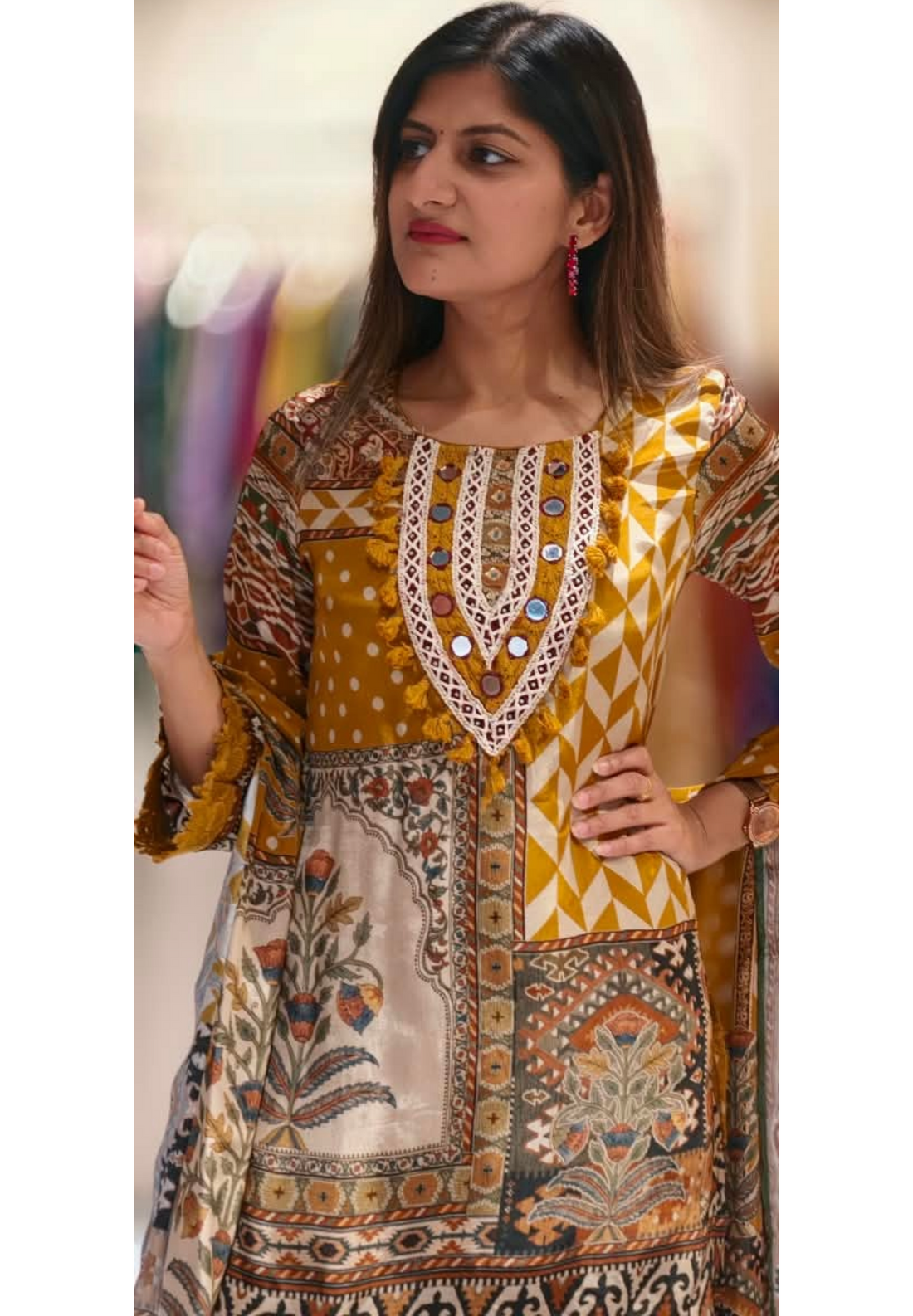 Boho Yoke With Ethnic Print Short Length Kurta Full Suit Set With Dupatta In Crepe Fabric- 16902