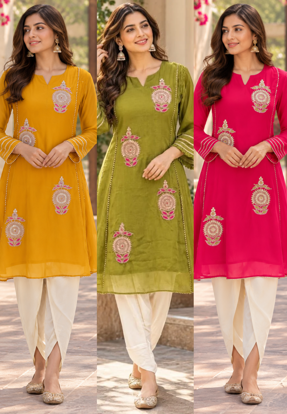 Pure Mulchanderi Scattered Embroidered A-line Short Length Kurta with Tulip Bottom- 16930