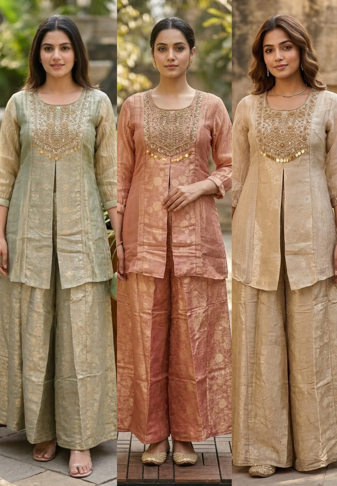 Elegant Zardosi Yoke Part Embridery Front Slitted Tissue With Brocade Touch Kurta & Palazzo Bottom Set- 16885