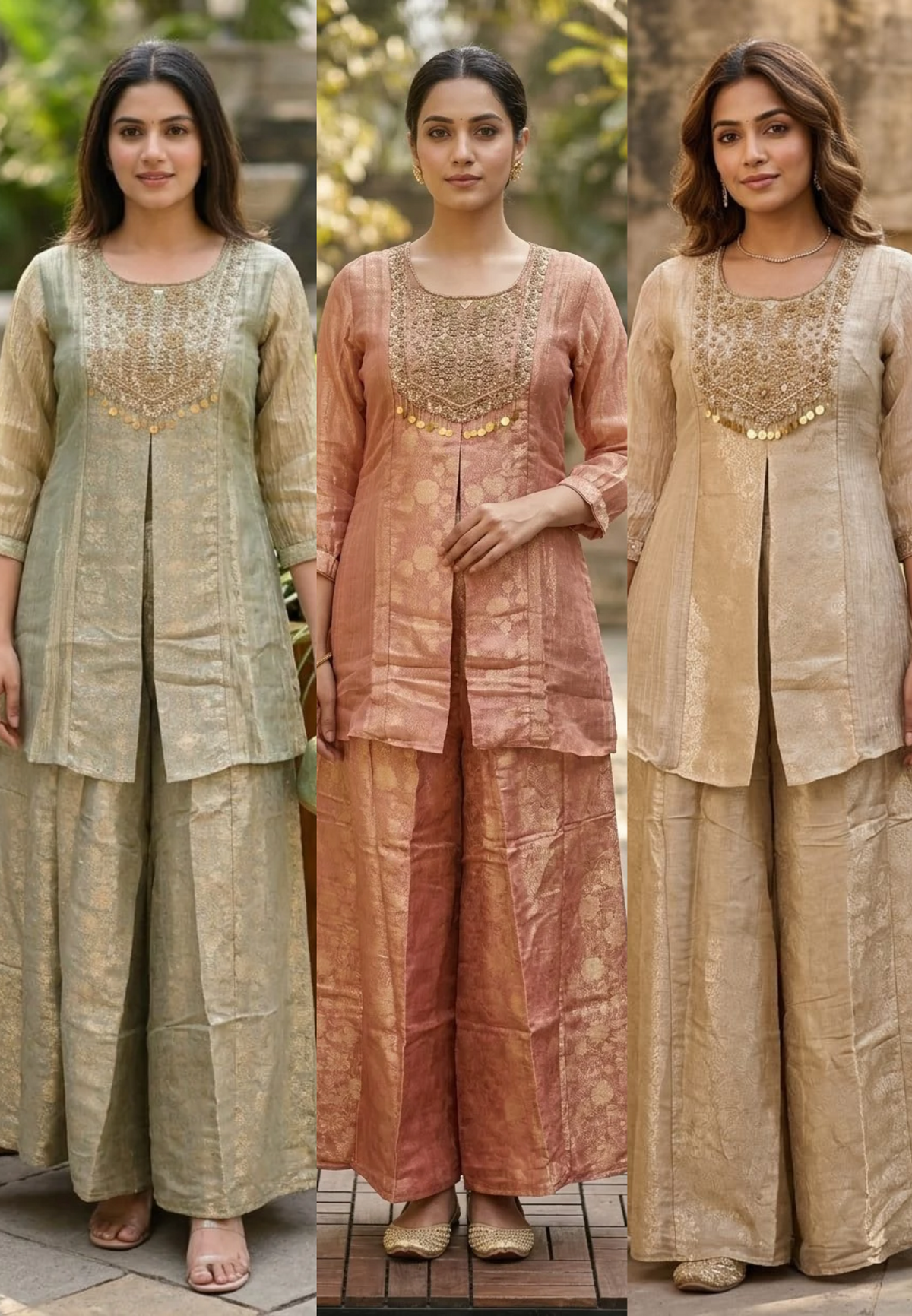 Elegant Zardosi Yoke Part Embridery Front Slitted Tissue With Brocade Touch Kurta & Palazzo Bottom Set- 16885