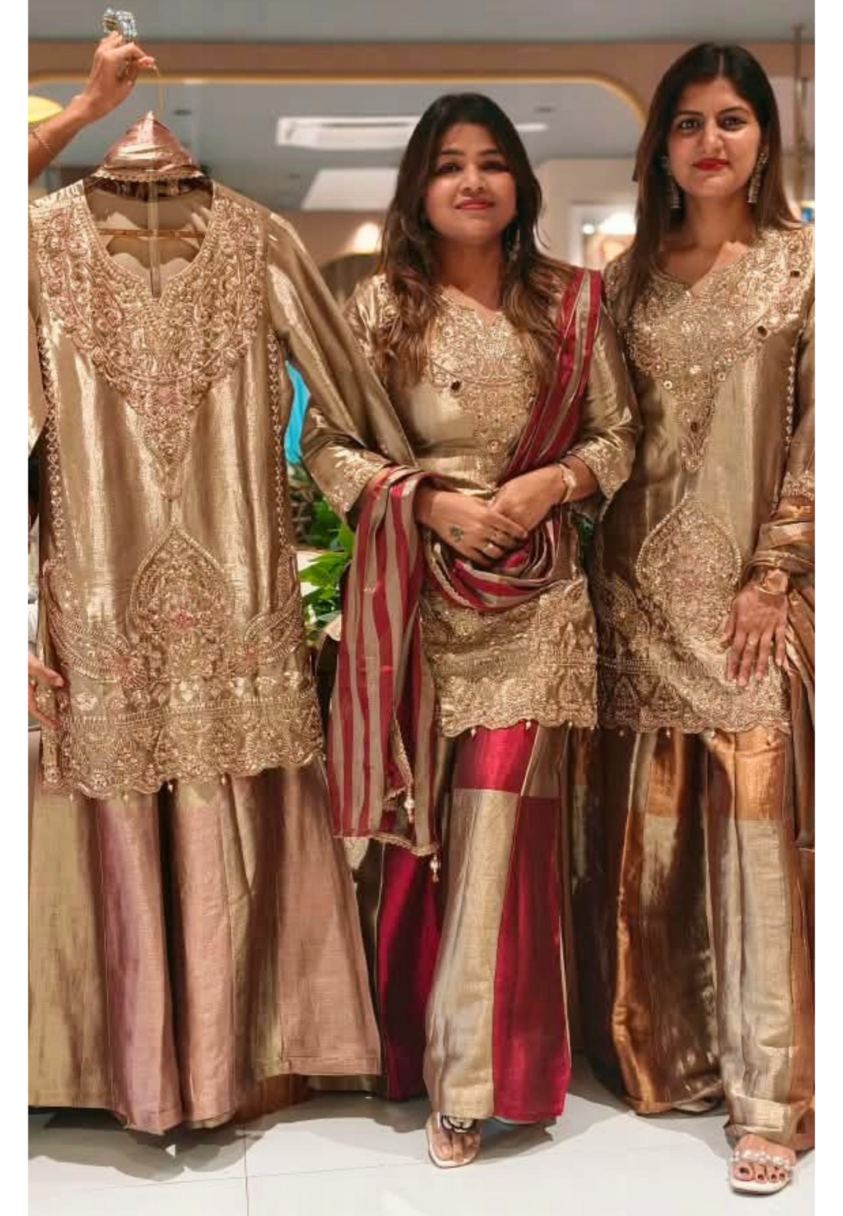 Heavy Elegant Champagne Gold Embroidered Tissue Blend Panel Palazzo Set with Intricate Zari & Sequin Work- 16933(Slightly Lean Fit)