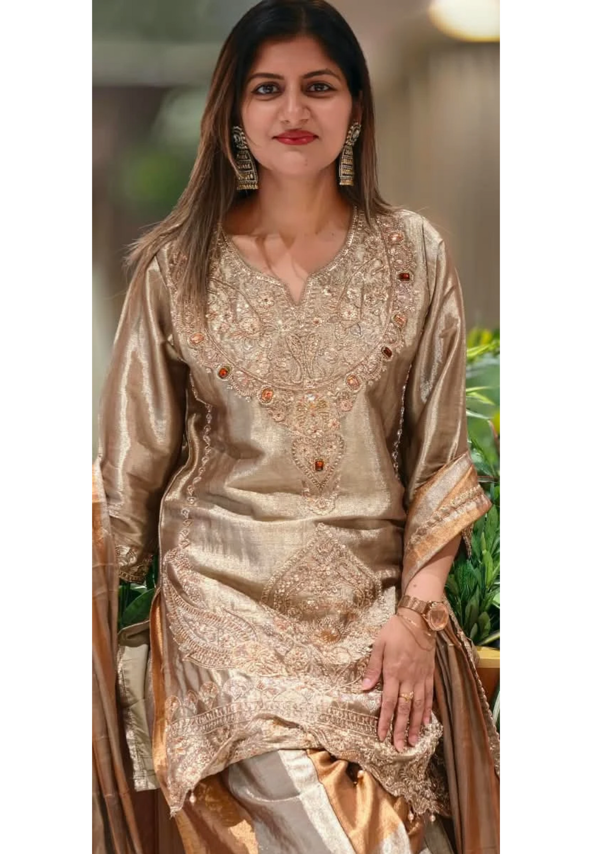Heavy Elegant Champagne Gold Embroidered Tissue Blend Panel Palazzo Set with Intricate Zari & Sequin Work- 16933(Slightly Lean Fit)