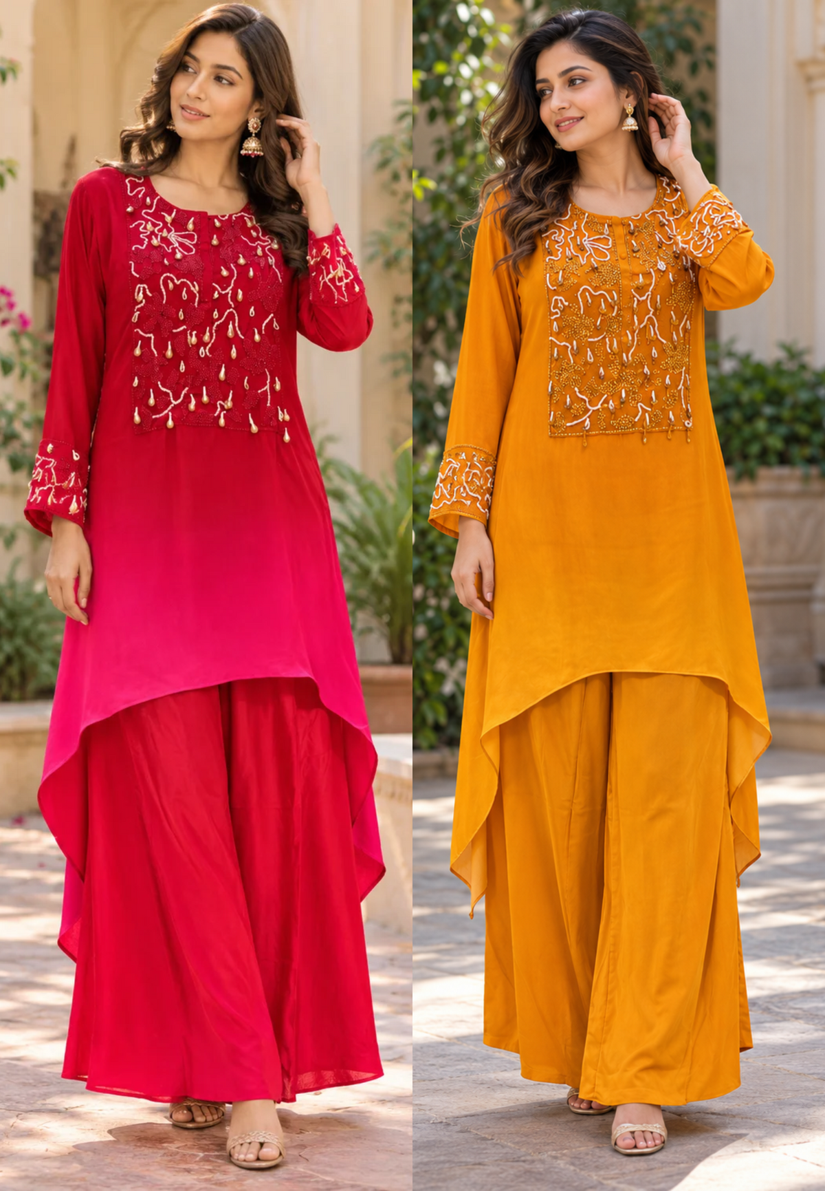 Cut-Dana Sequence Taselled Rich Yoke Flowy Crepe High-Low Matching Indo Co-Ord Set- 16931