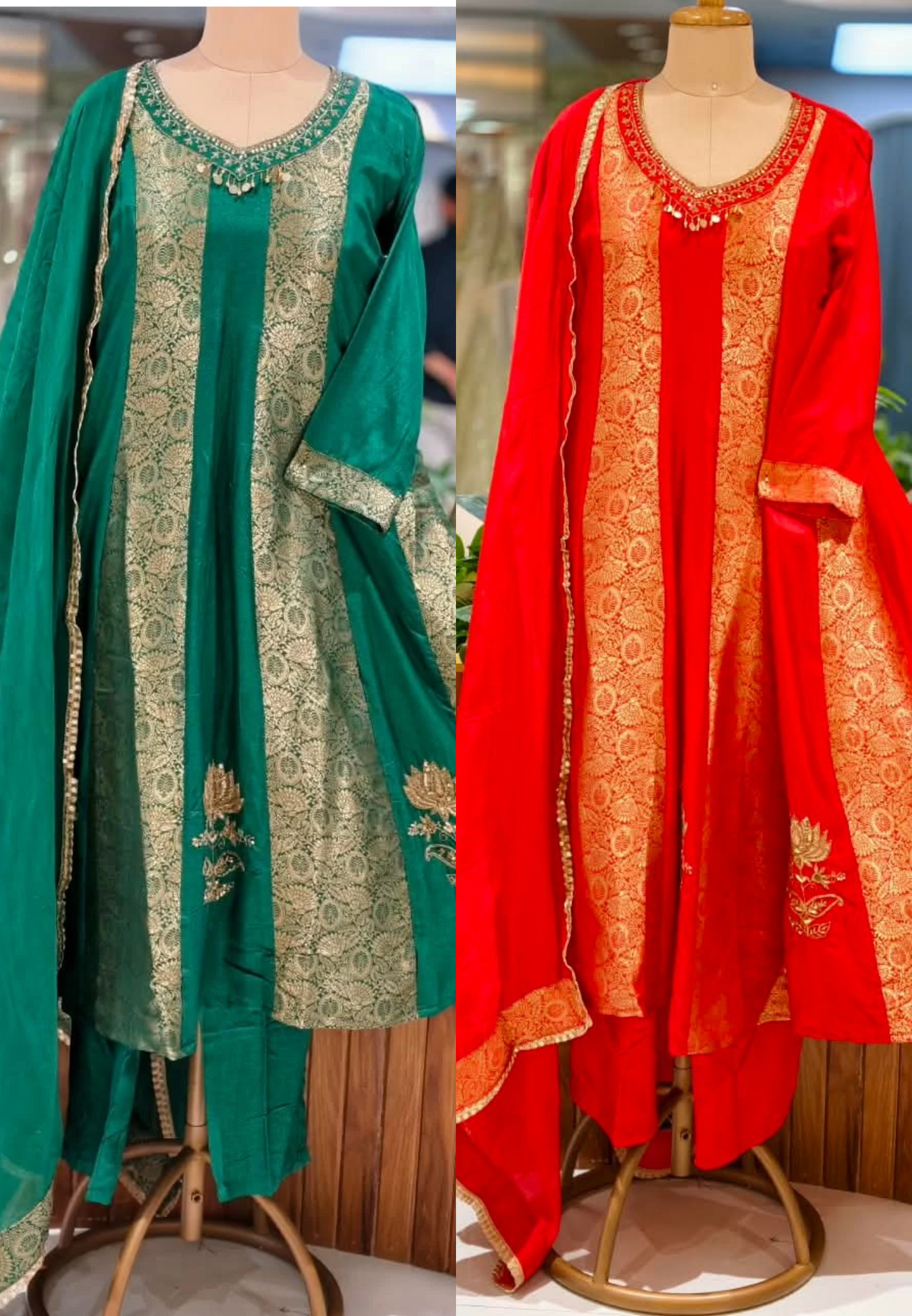 Russian Silk Brocade Panel Aline Elegant Full Suit Set- 16776