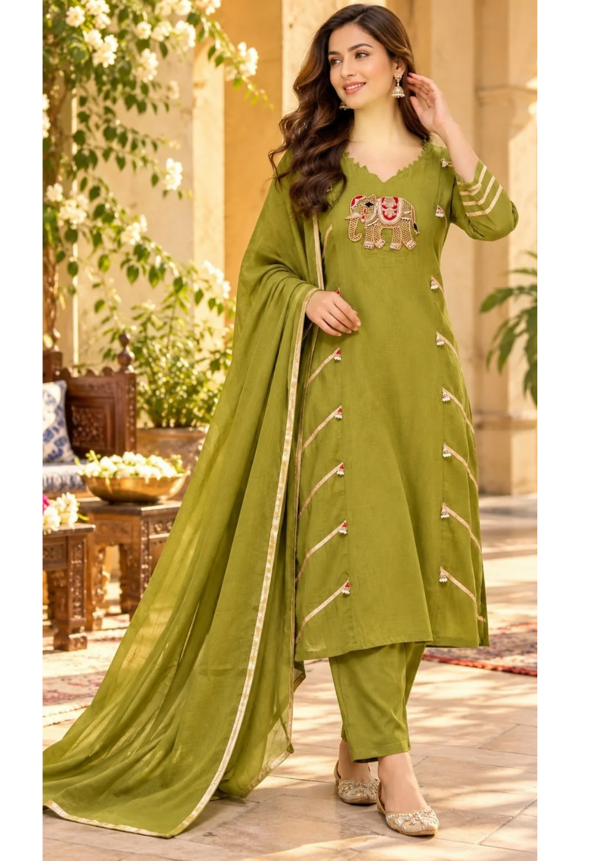 Pure Mulchanderi Olive Green  Set with Peacock Embroidery 16945