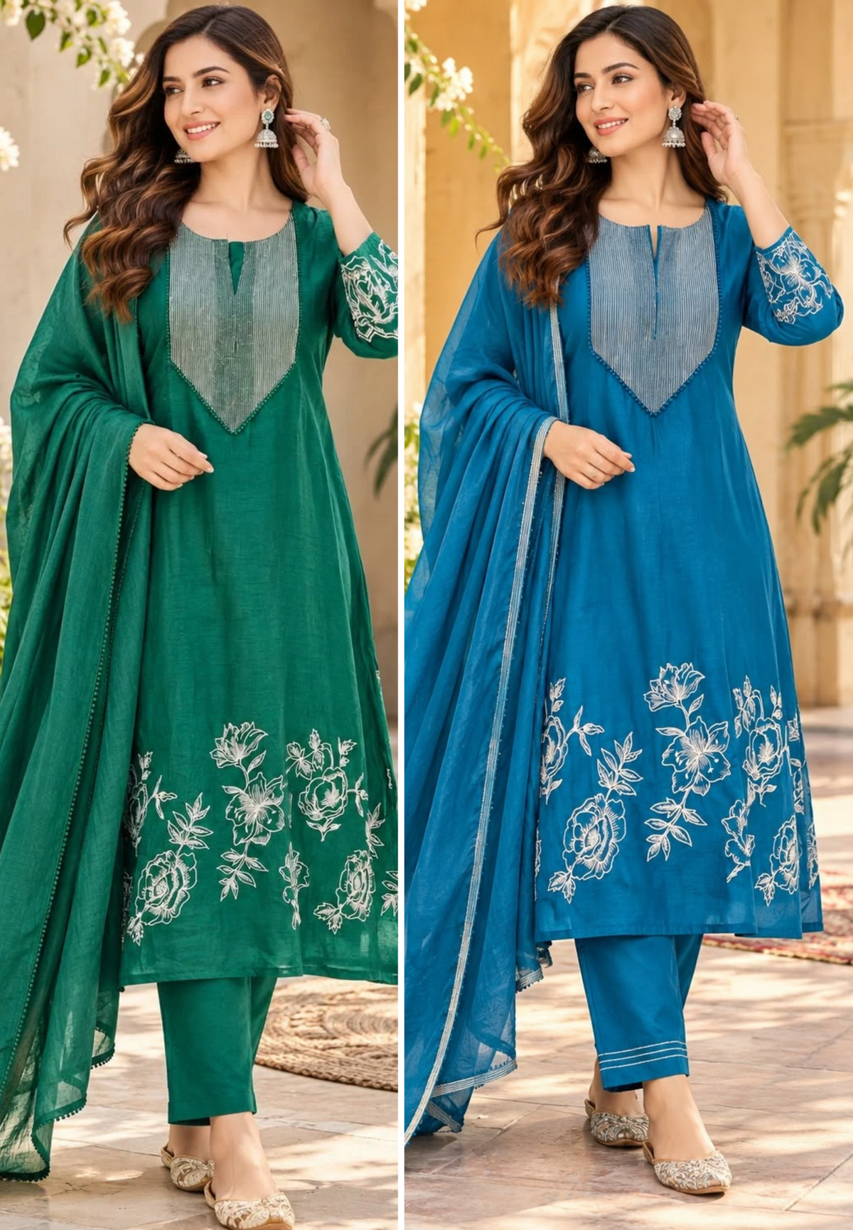 Pure Banarsi Mulchanderi With Floral Embroidered Full Suit Set - 16777