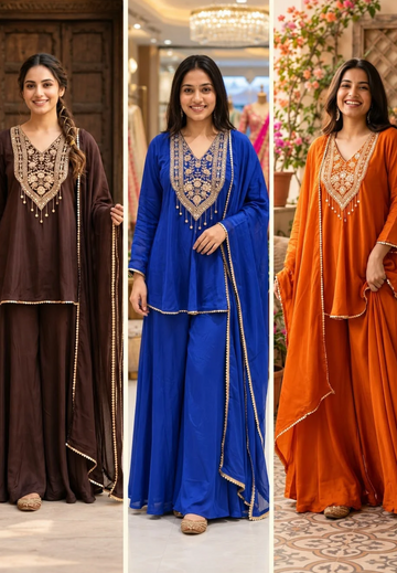 Pure Crepe Flare Embroidered Yoke Short Top Flare Palazzo Full Suit Set 16995