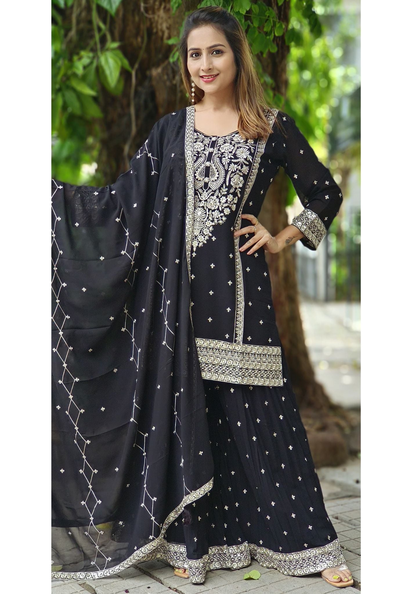 Semi Georgette Thread Embroidery Kurta With Gharara Embroidery Palazzo And Chiffon Dupatta-06211