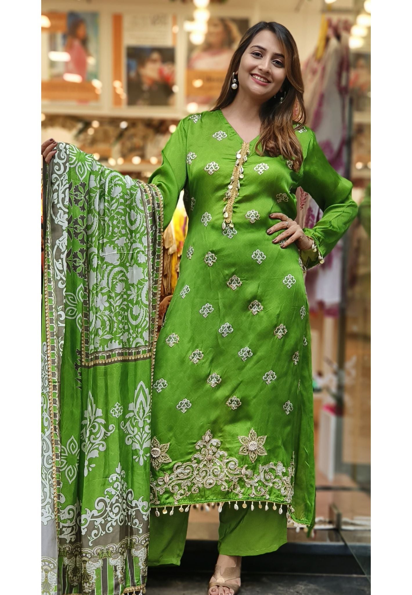 Gajji Silk Embroidered kurta with pant set and beautiful Printed Gajji Silk dupatta DRY WASH-06036