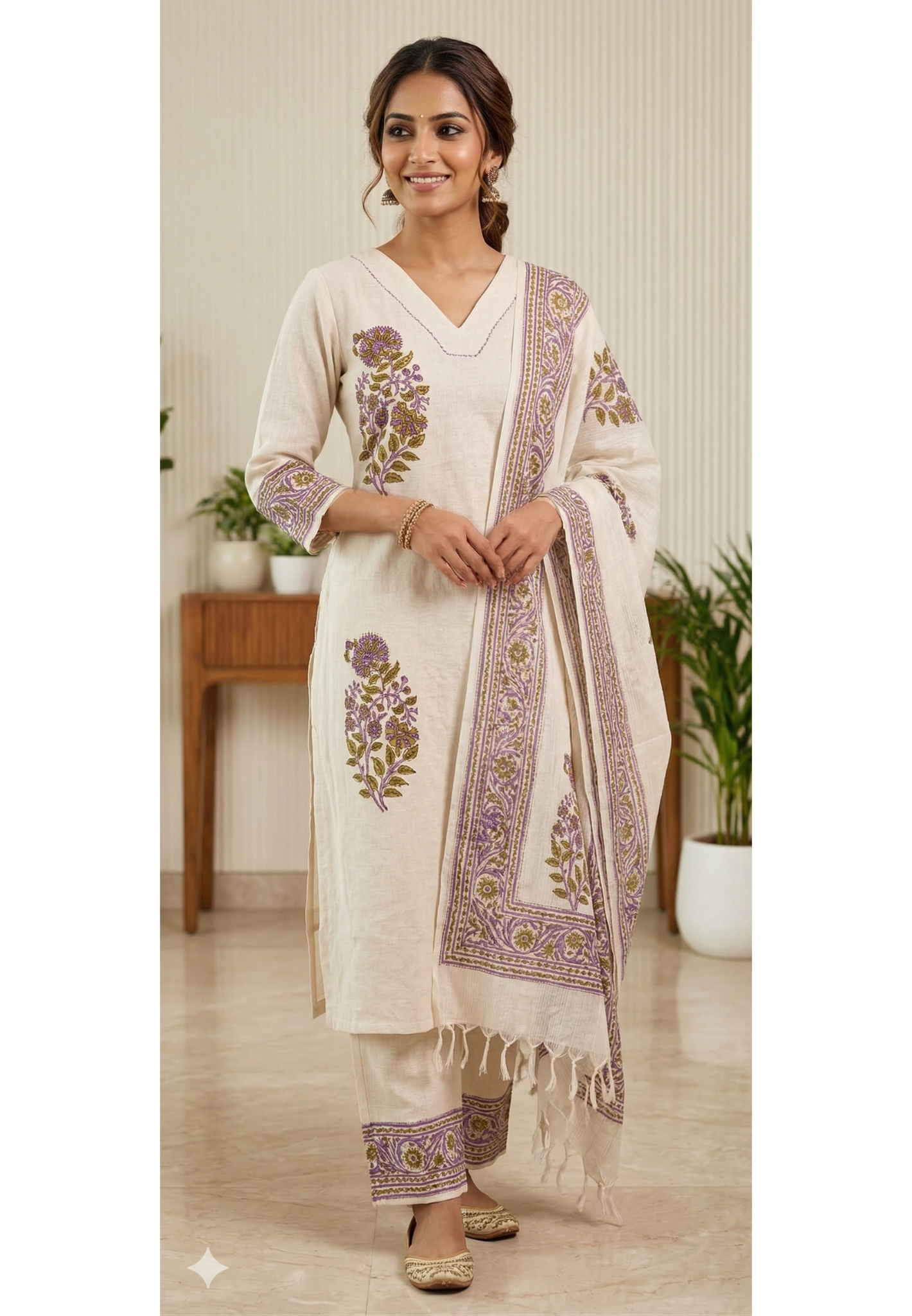 Minimal Floral Printed V-Neck Casual Wear Cotton Full Suit Set With Dupatta In Flex Cotton Fabric- 13988 RB123