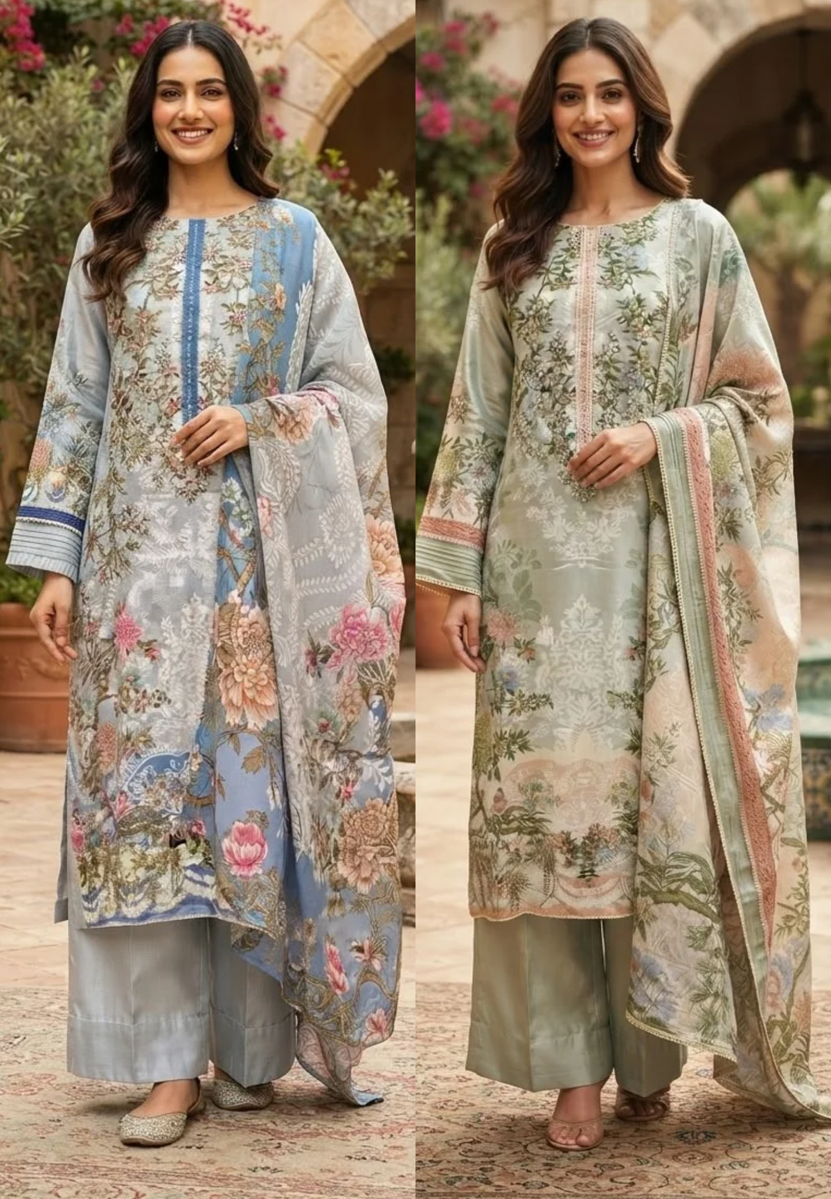 Aqua Blue & Sage Green Floral Printed & Embroidered Pleated Pakistani Style Crepe Full Suit Set With Dupatta- 16504