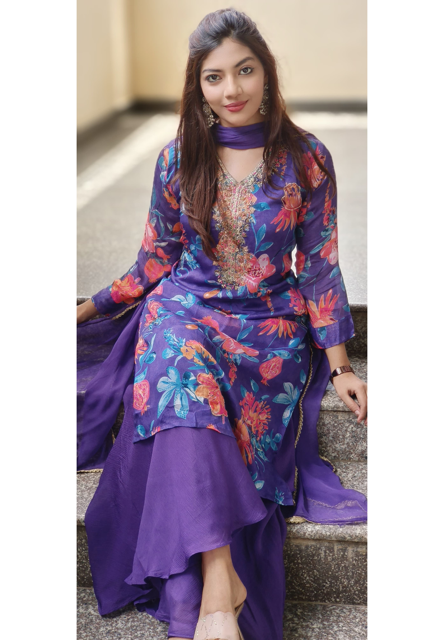 Zardosi Neck Work Floral Printed Chinon Full Suit Set With Loose Palazzo Bottom & Dupatta- 10198