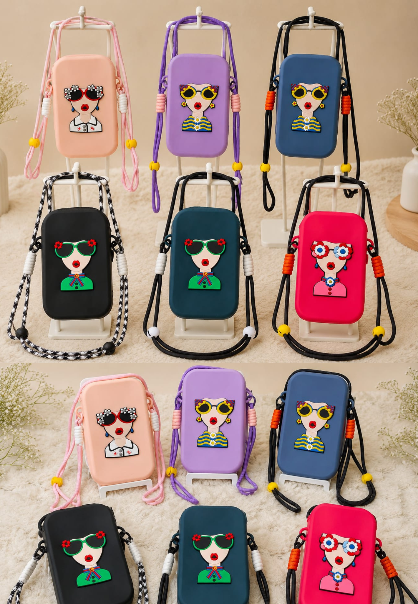Premium Hard Case Cartoon Girl Mobile Sling Bag with Adjustable Lanyard Strap, Stylish Phone Carry Case for Women