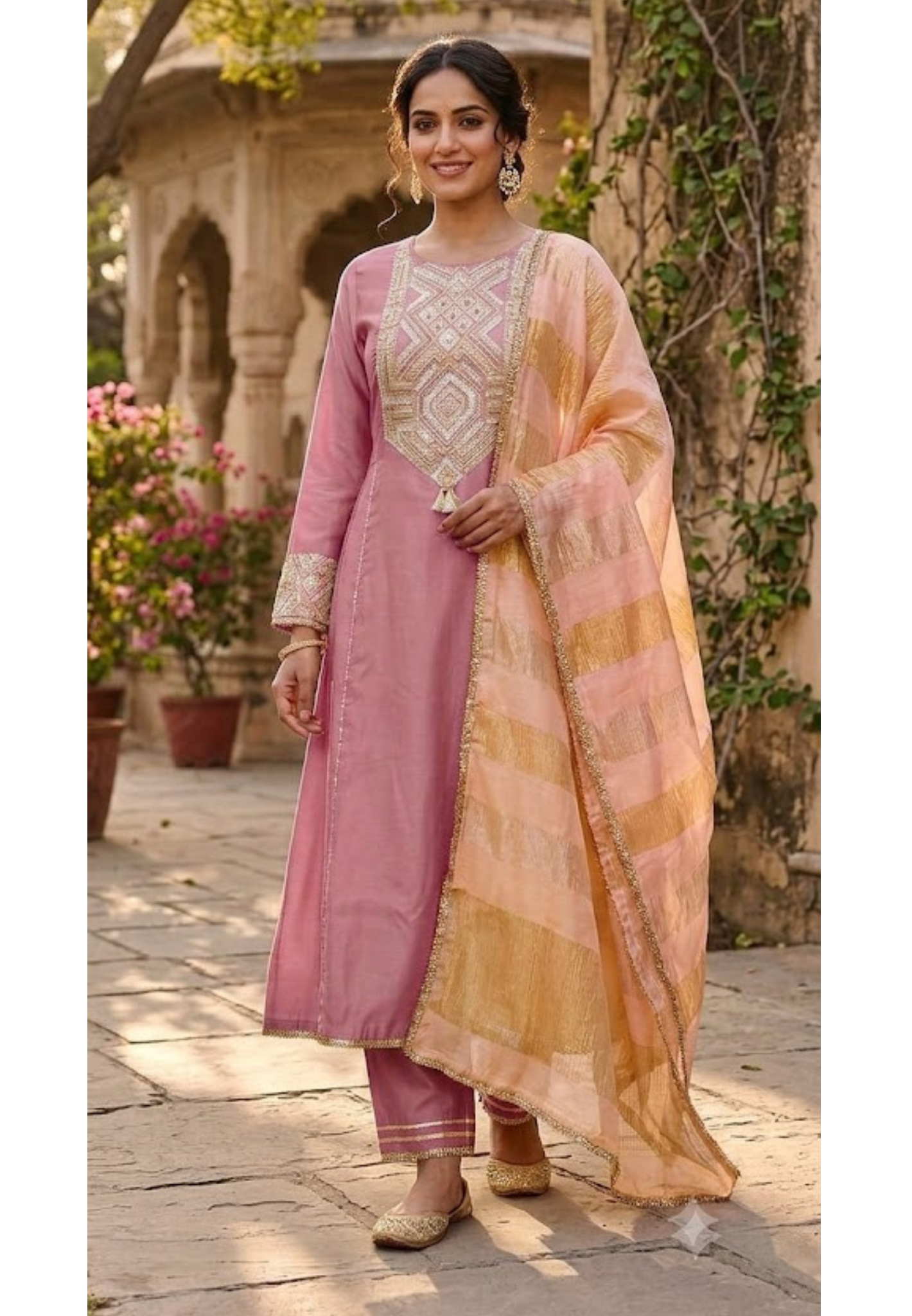 Premium Zardosi Golden Abstract Embroidered Tissue Anarkali Full Suit Set With Dupatta