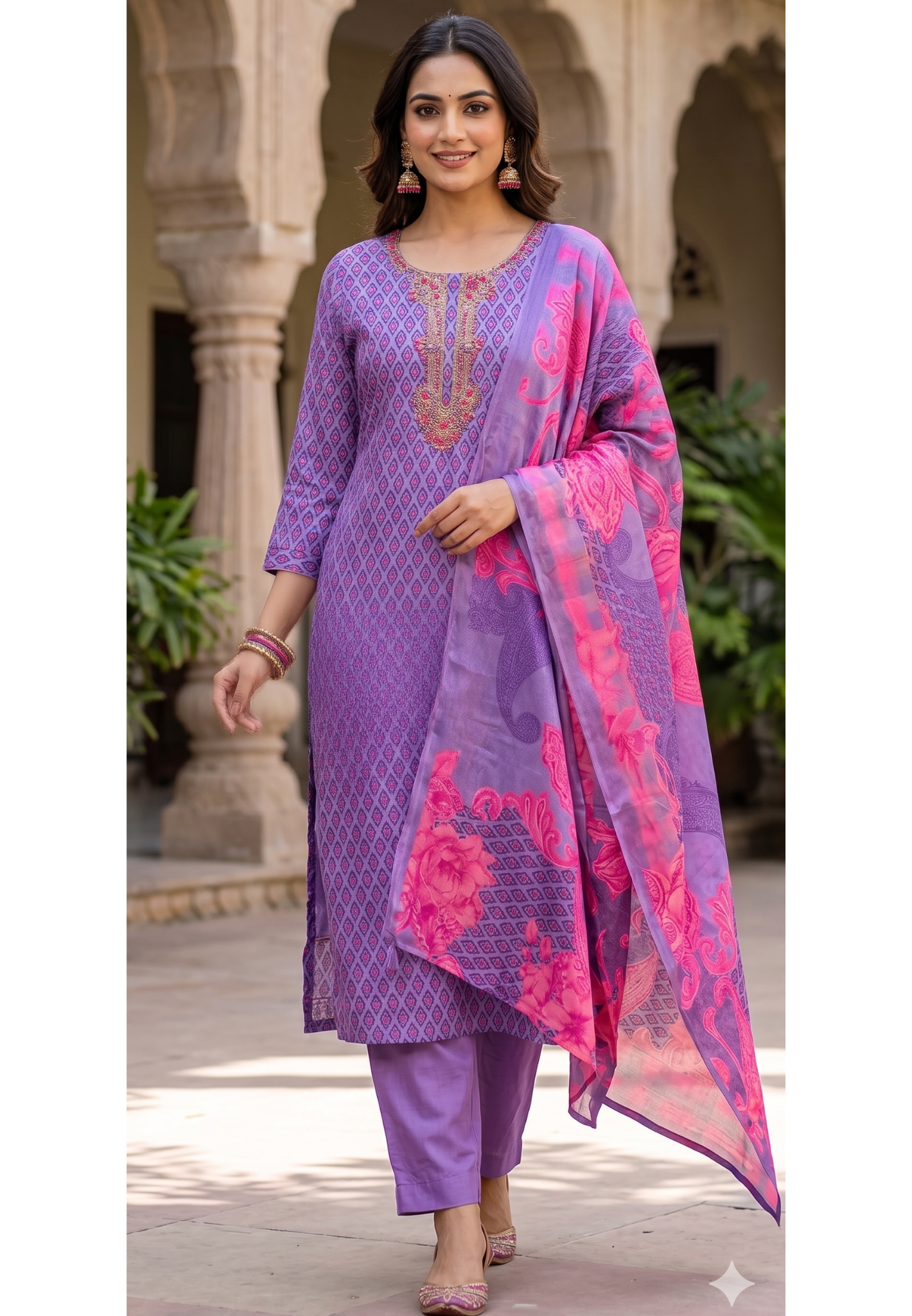 Detailed Floral Yoke Embroidery Lavender Purple Geometric Print Russian Silk Full Suit Set SLIGHTLY LEAN FIT