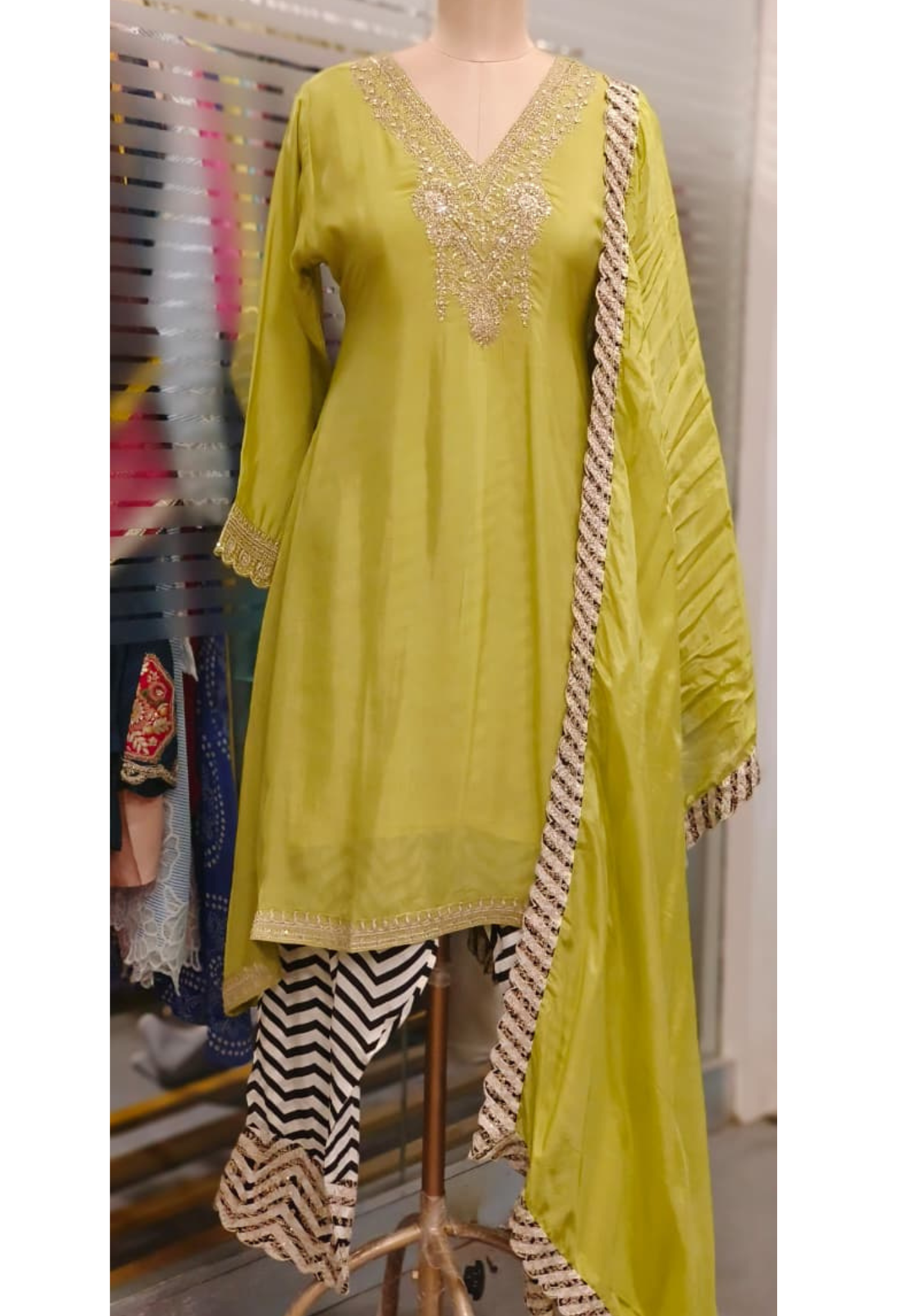 Stripe Elegance Solid A-Line Zari Embroidered Full Suit Set With Dupatta