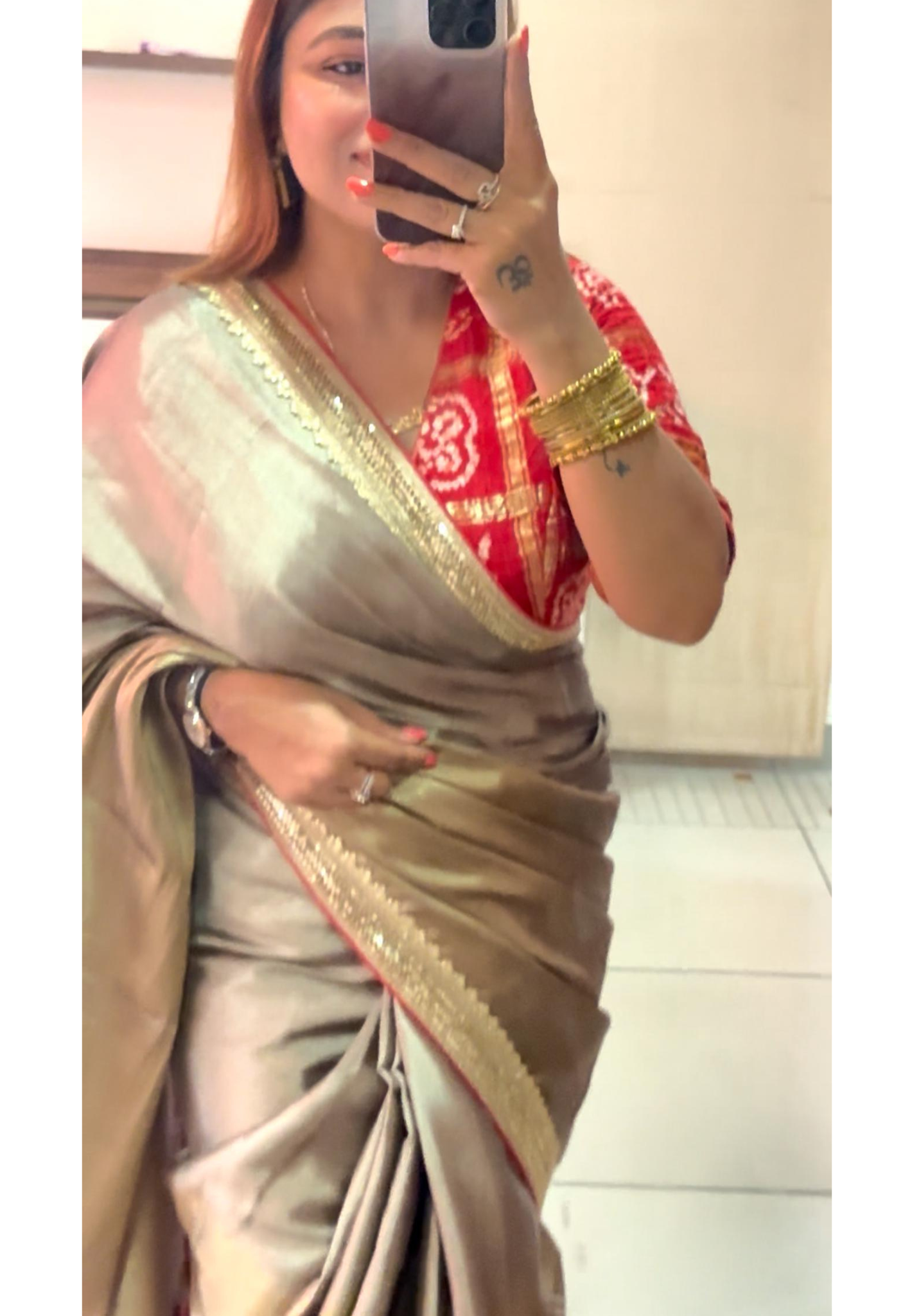 Designer Tissue Silk Plain Gold Dual Tone Silk Saree with Vibrant Bandhani Padded Stiched  Blouse