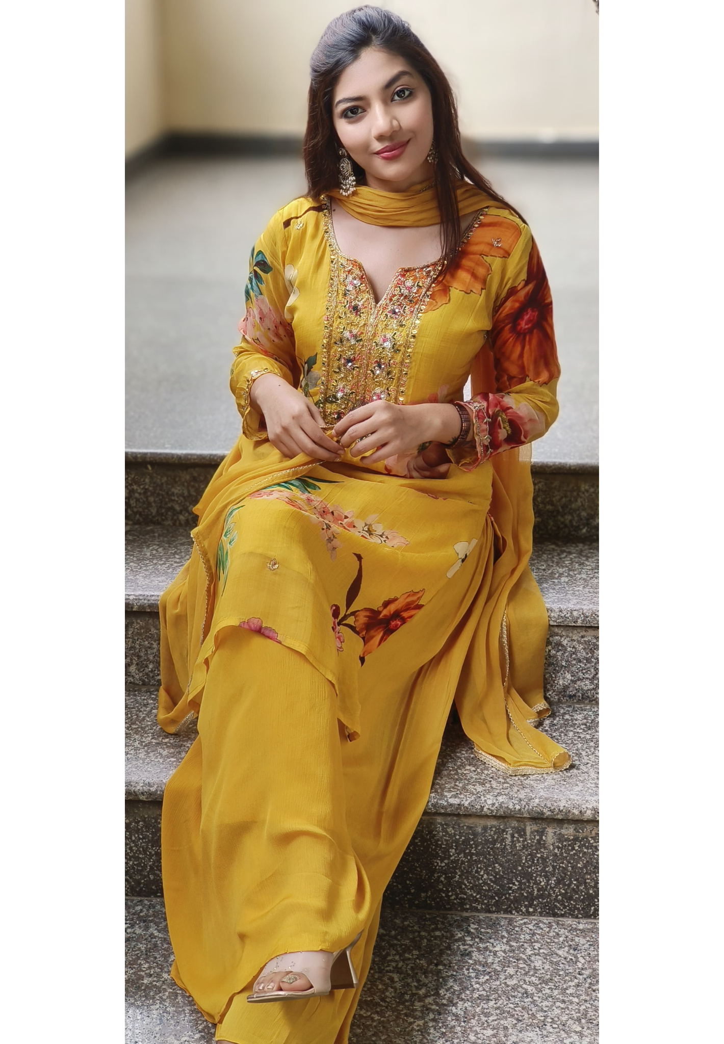 Giant Flower Print Bright Full Suit Set With Loose Palazzo Bottom & Dupatta In Chinon Fabric- 10192