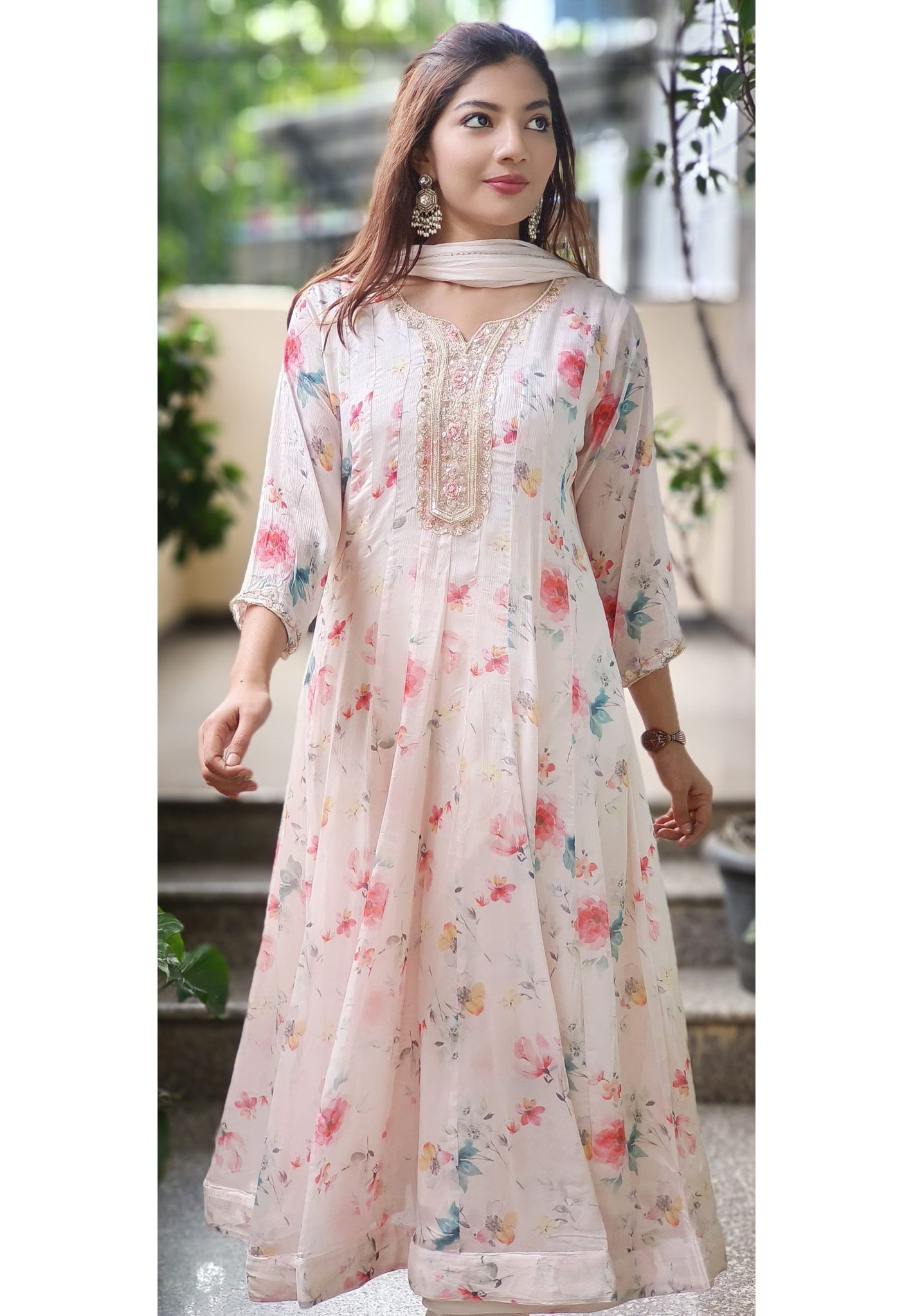 Elegant Floral Chinon Panel Anarkali With Beautiful Neck Handwork- 10184, 10185