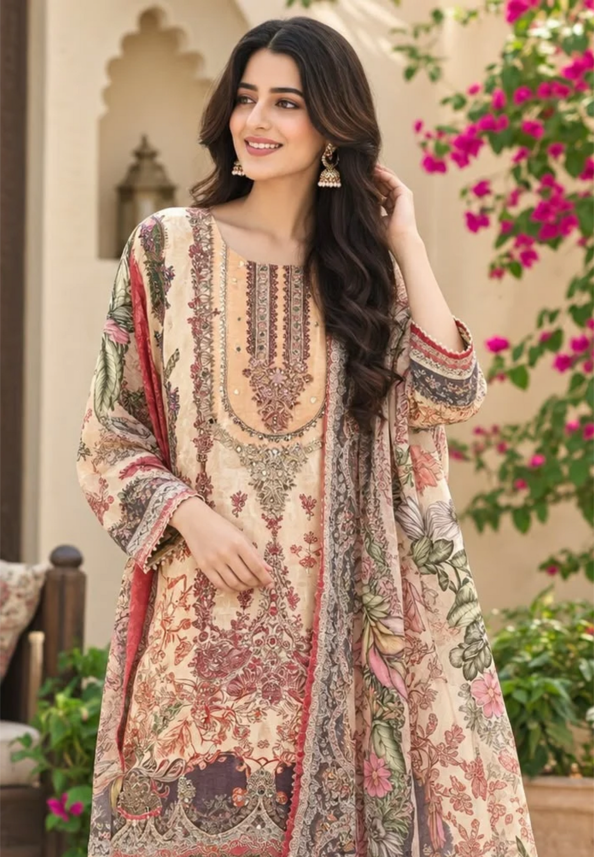 Beige & Peach Floral Printed Embroidered Crepe Pakistani Fit Full Suit Set With Farshi Bottom & Dupatta- 16502