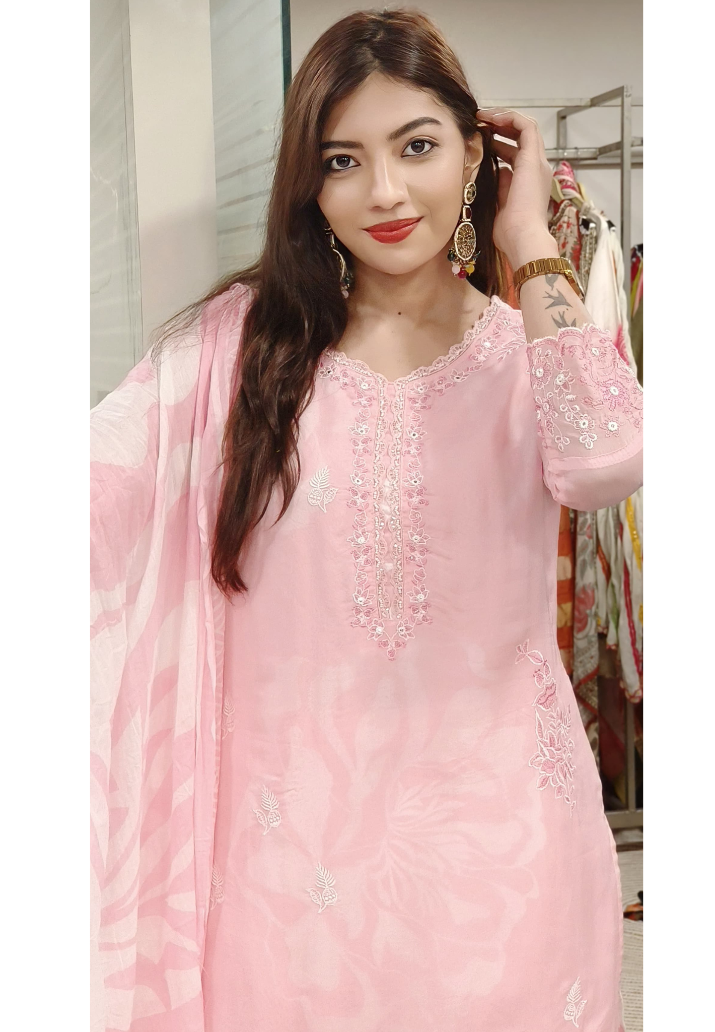 Gulroz Blush – Baby Pink Embroidered Cotton Suit Set with Organza Dupatta & Printed Cotton Pants 09279