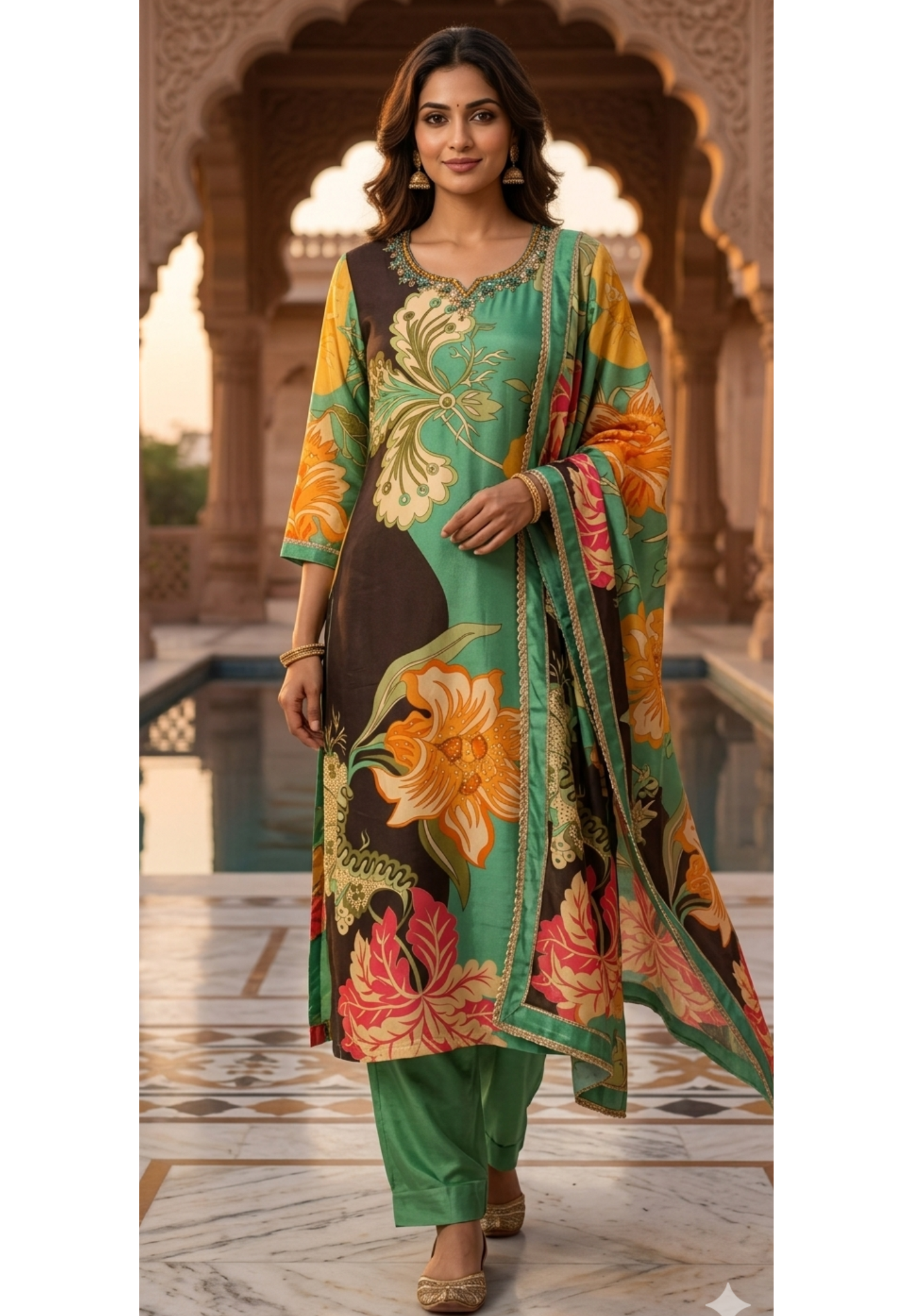 Green & Charcoal Dual-Tone Floral Abstract Print Kurta Set with Hand-Embellished Border