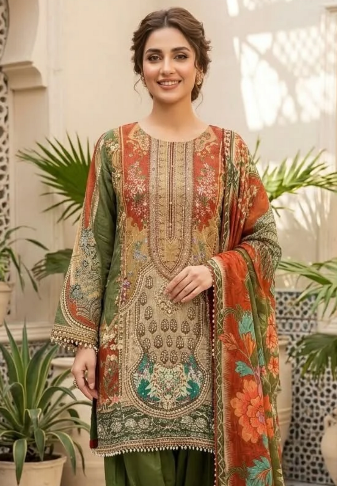 Forest Green Chevron Digital Prints Tassel Accent Crepe Full Suit Set With Farshi Salwar & Dupatta- 16286