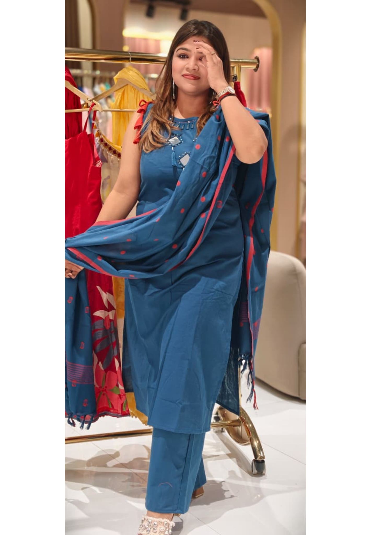 Real Mirror Thread Tassel Accent Solid Sleeveless Cotton Full Suit Set With Dupatta- 14588 RB370