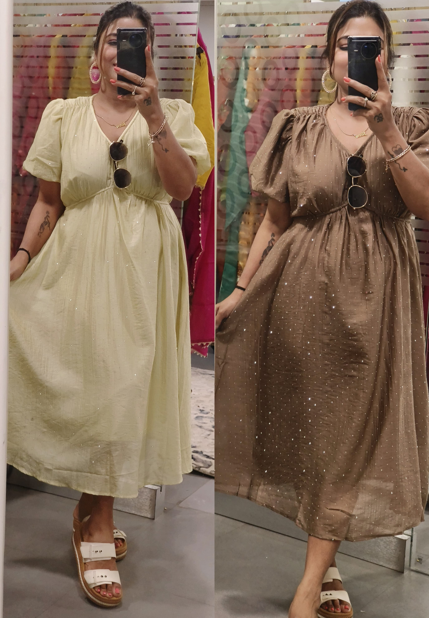 Elegant Shimmer Stone Gathered Midi Dress with Puff Sleeves