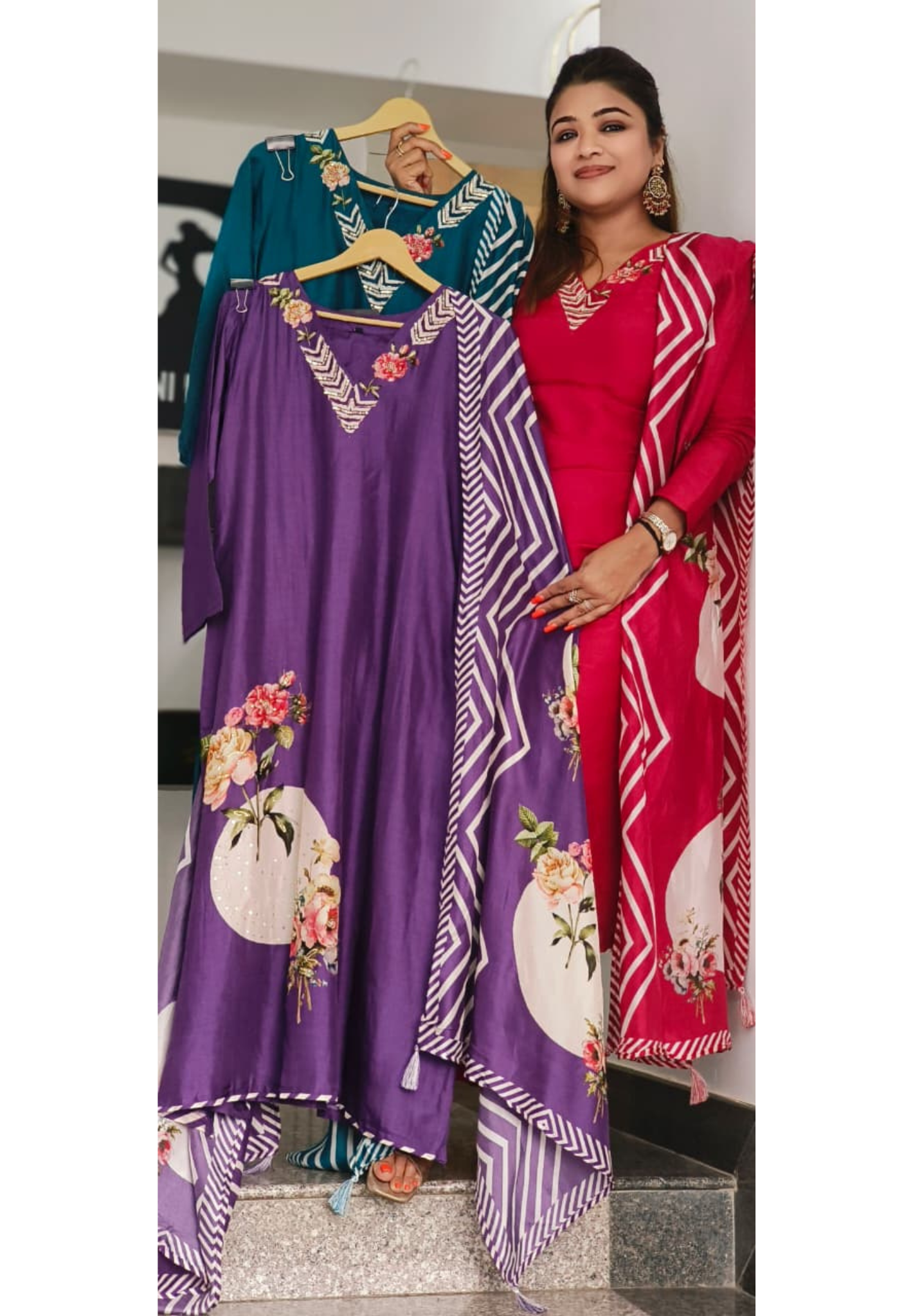 Digital Floral Print V-Necked A-Line Full Suit Set With Dupatta In Russian Silk Fabric- 11572