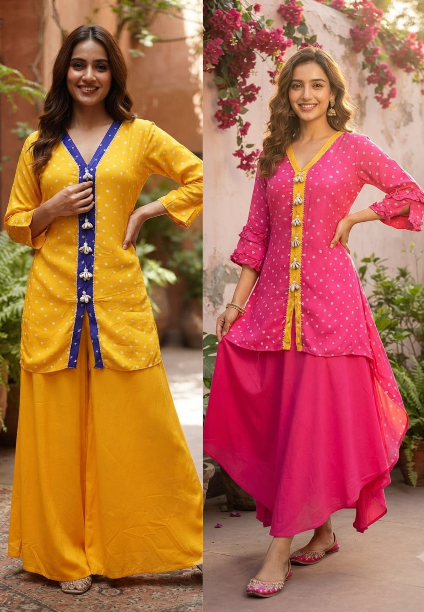 Bandhej High-Low Kurta with Flare Bottom Yellow Placket and Handcrafted Cowrie Shell Tassels-12256,12257