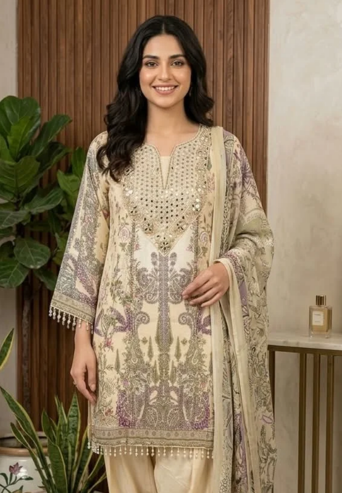 Ceramic Pastel Tone Real Mirror Elegance Printed Farsi Salwar Crepe Full Suit Set With Dupatta- 16284