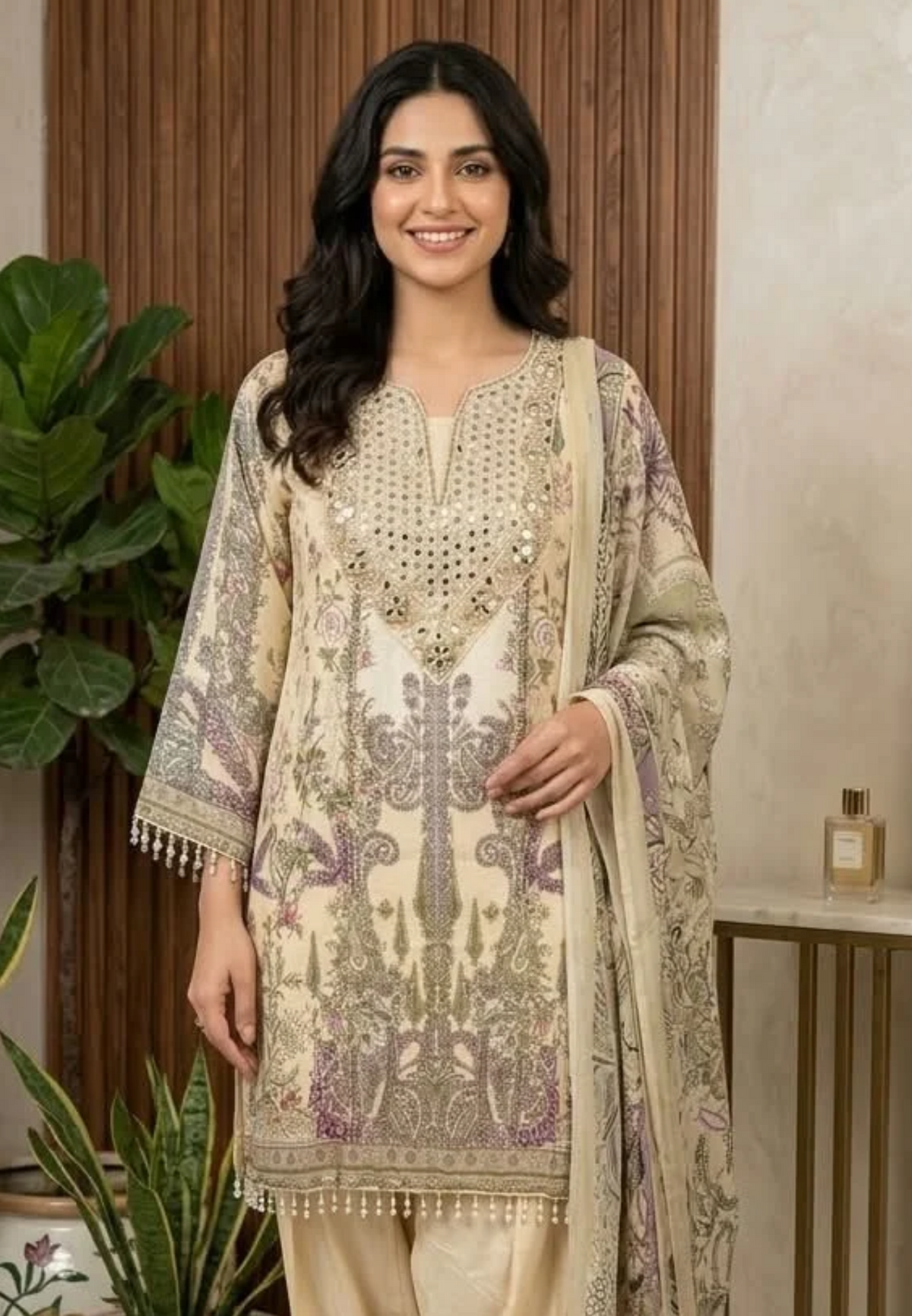 Ceramic Pastel Tone Real Mirror Elegance Printed Farsi Salwar Crepe Full Suit Set With Dupatta- 16284