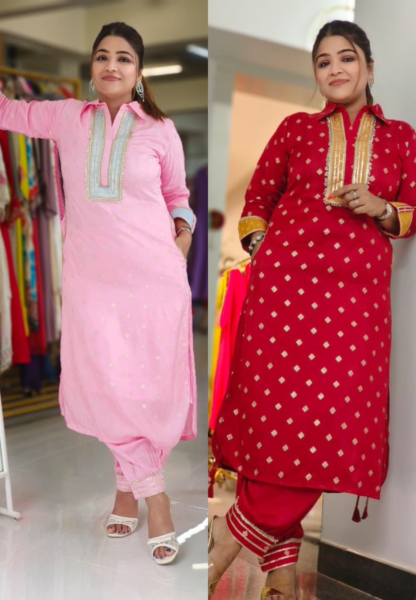 Banarasi Touch Unique Outlined Collared Kurta With Pathani Bottom-12258,12254